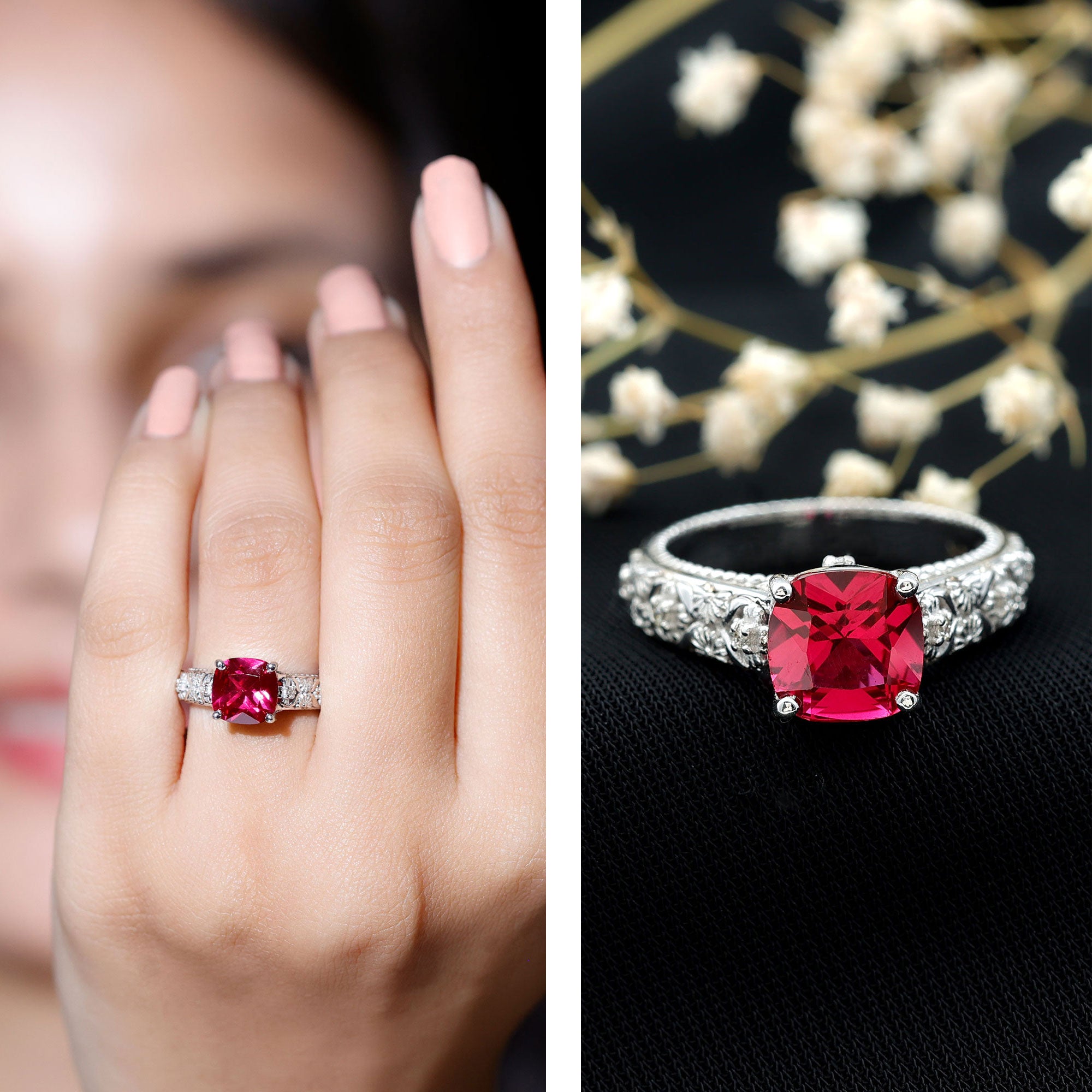 Vintage Inspired 2 Carat Cushion Cut Lab Created Ruby Engagement Ring AAAA - Rosec Jewels
