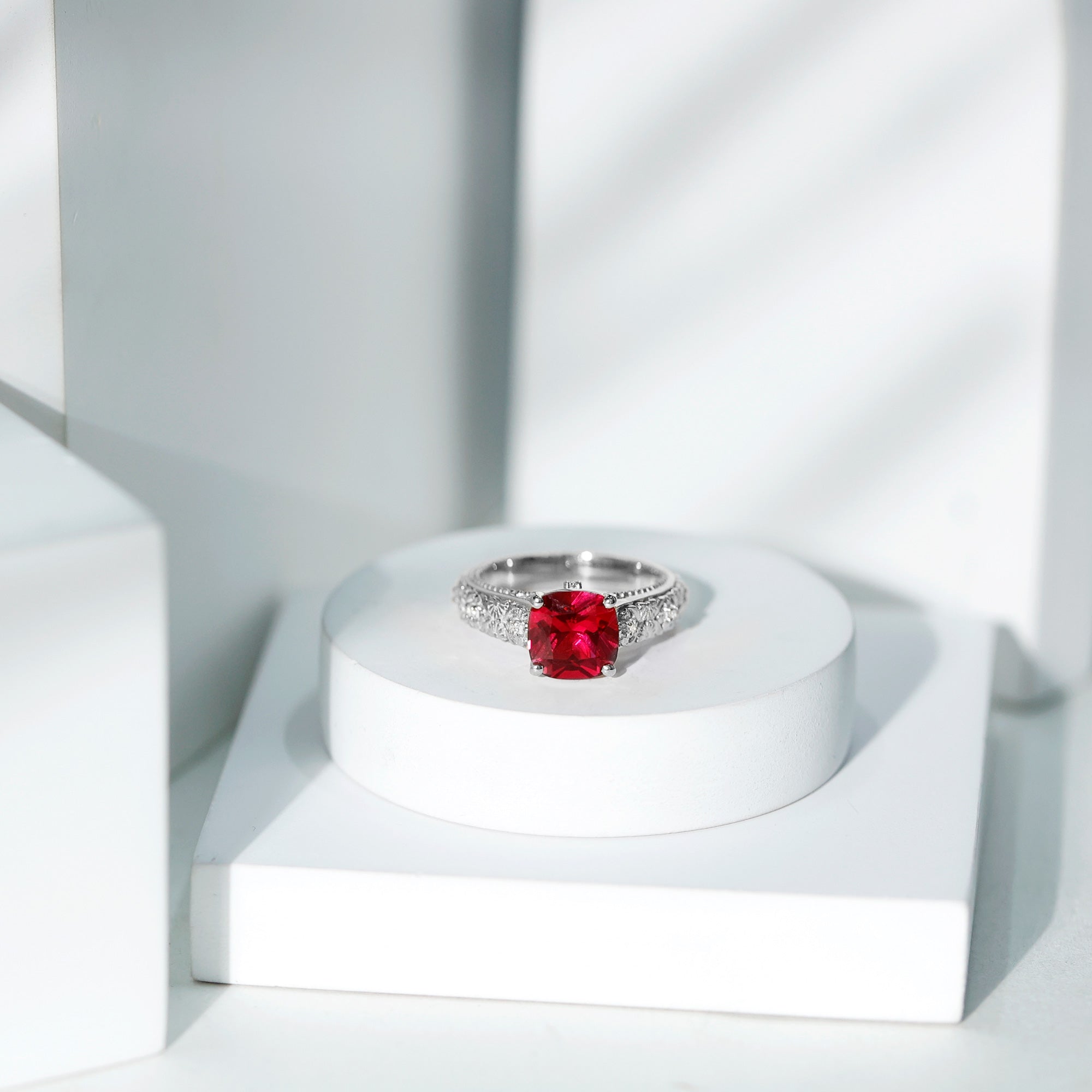 Vintage Inspired 2 Carat Cushion Cut Lab Created Ruby Engagement Ring AAAA - Rosec Jewels