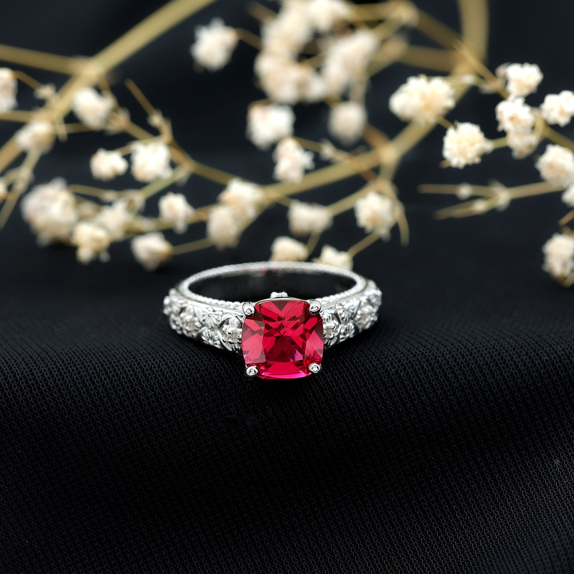 Vintage Inspired 2 Carat Cushion Cut Lab Created Ruby Engagement Ring AAAA - Rosec Jewels