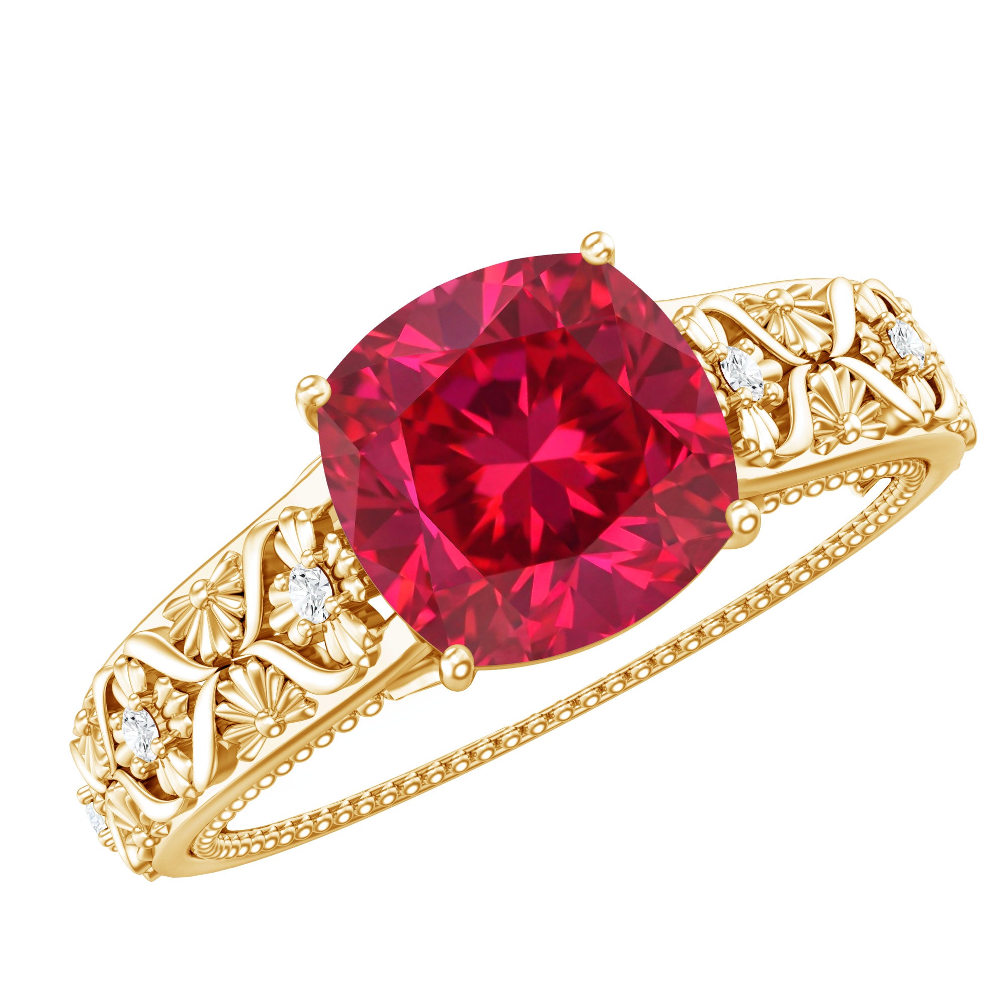 Vintage Inspired 2 Carat Cushion Cut Lab Created Ruby Engagement Ring AAAA - Rosec Jewels