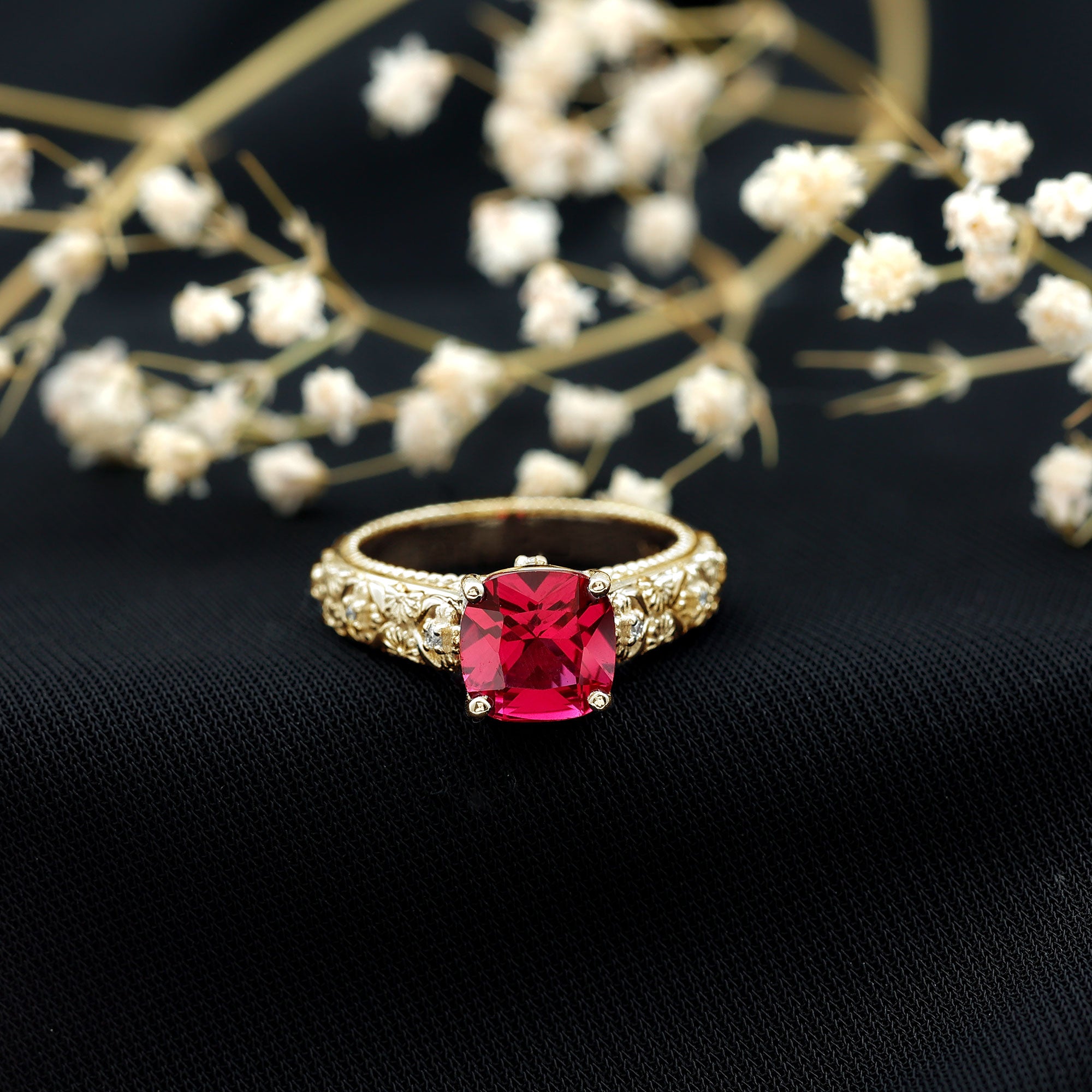 Vintage Inspired 2 Carat Cushion Cut Lab Created Ruby Engagement Ring AAAA - Rosec Jewels