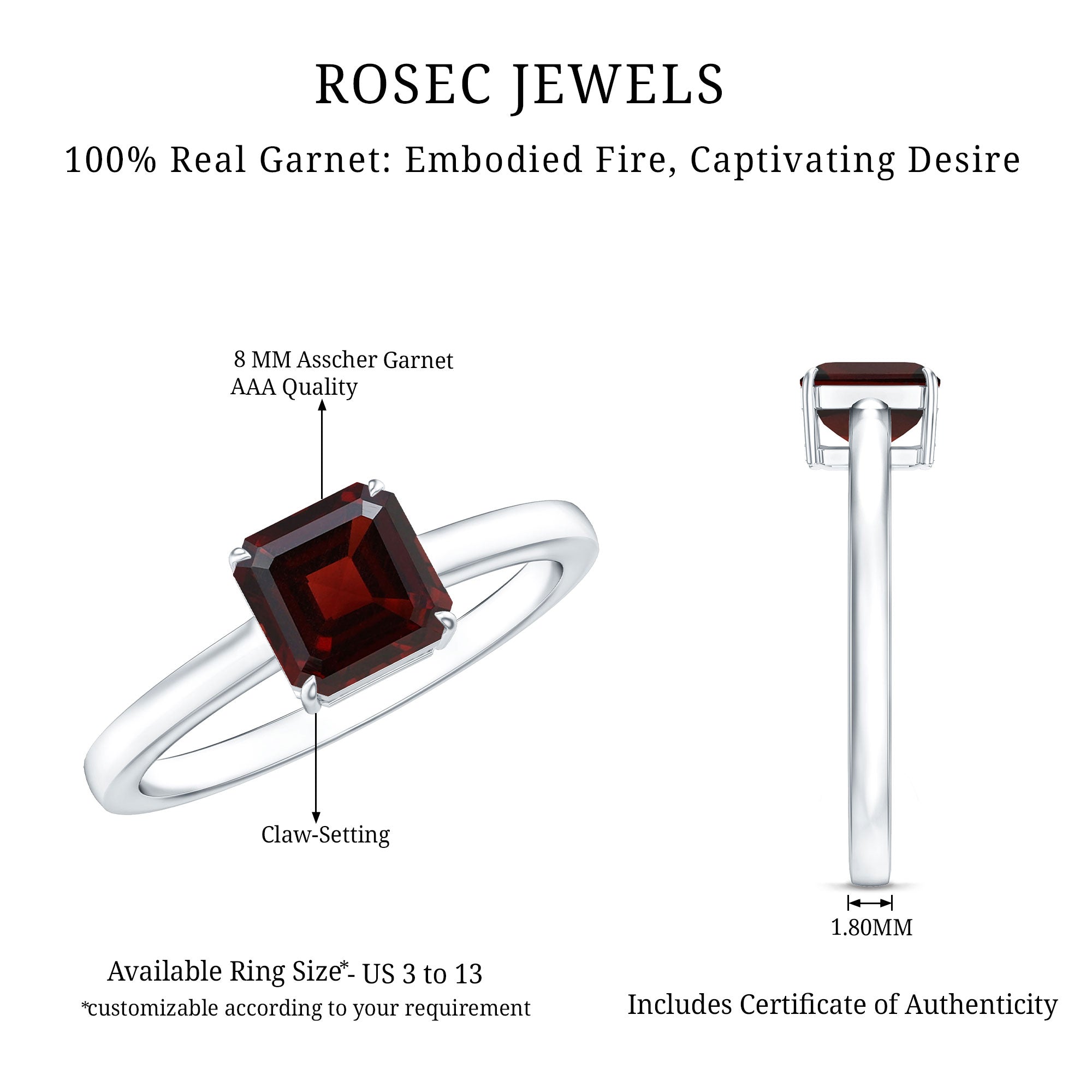 3.3 Carat Real Garnet Asscher Cut Engagement Ring with Certificate AAA - Rosec Jewels