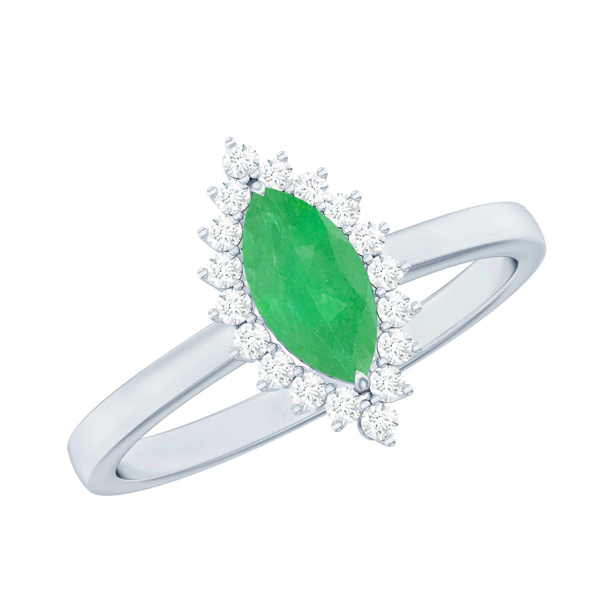 Elongated Marquise Cut Emerald Engagement Ring with Diamond Halo