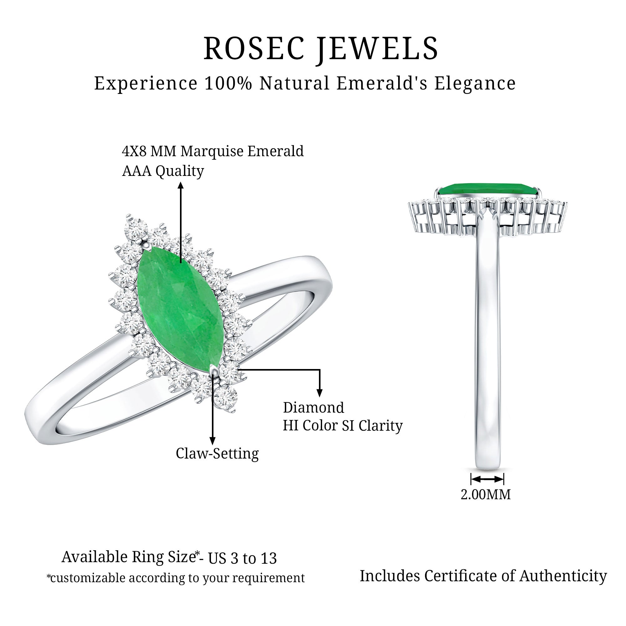 Elongated Marquise Cut Emerald Engagement Ring with Diamond Halo AAA - Rosec Jewels