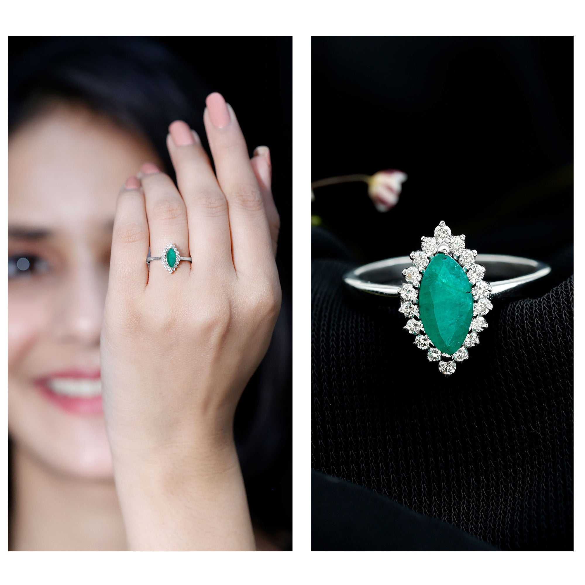 Elongated Marquise Cut Emerald Engagement Ring with Diamond Halo AAA - Rosec Jewels