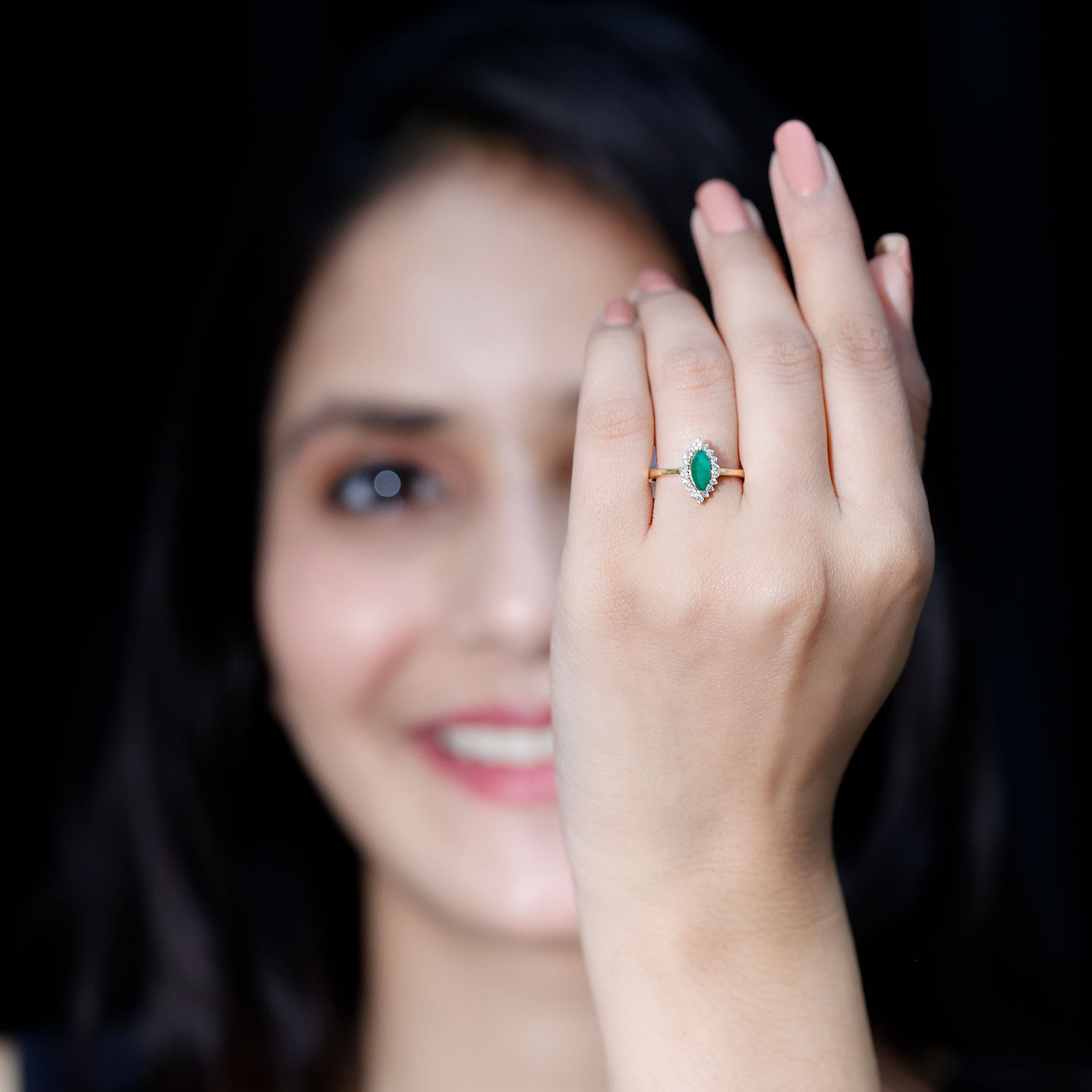 Elongated Marquise Cut Emerald Engagement Ring with Diamond Halo AAA - Rosec Jewels