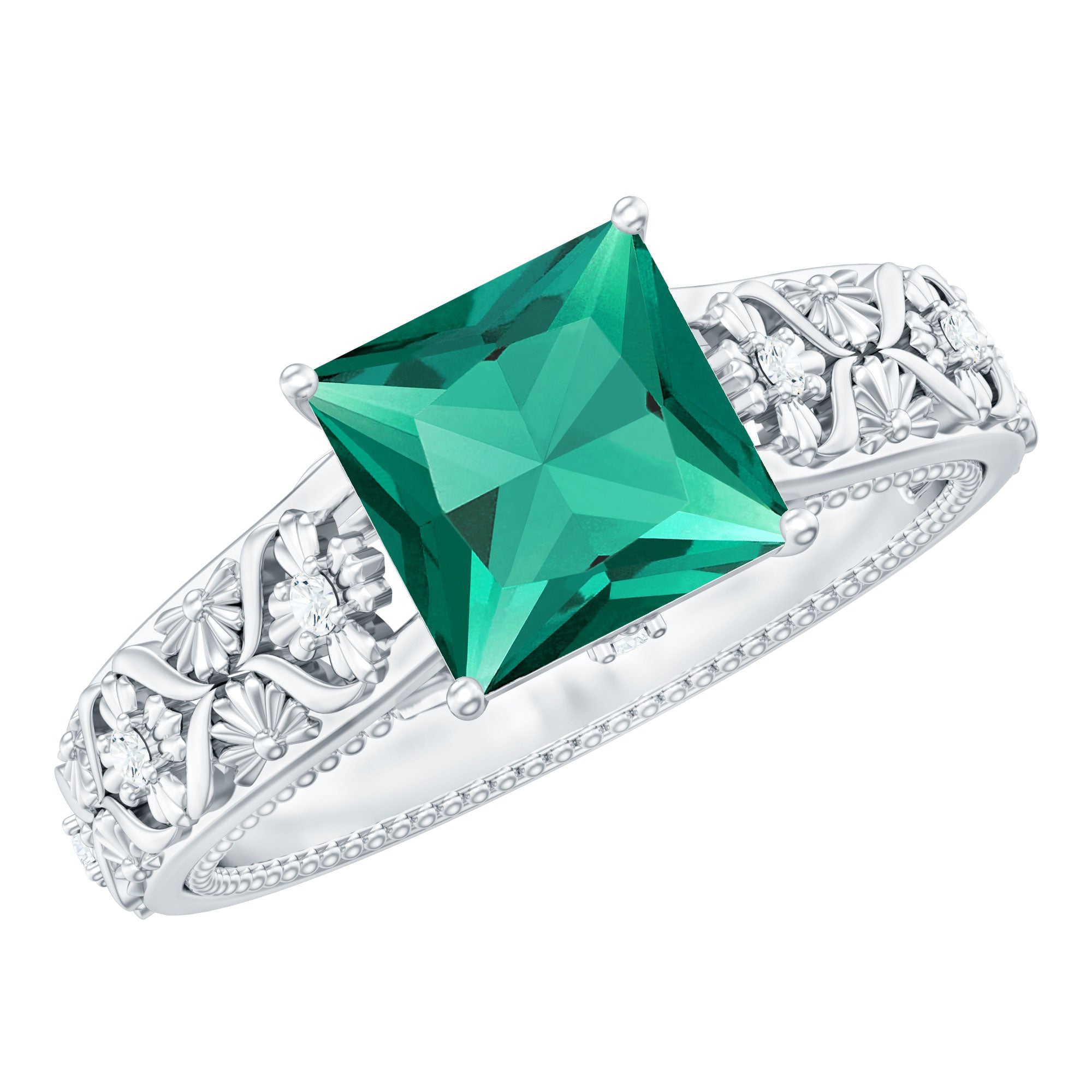 Princess Cut Lab Grown Emerald Solitaire Engagement Ring with Diamond