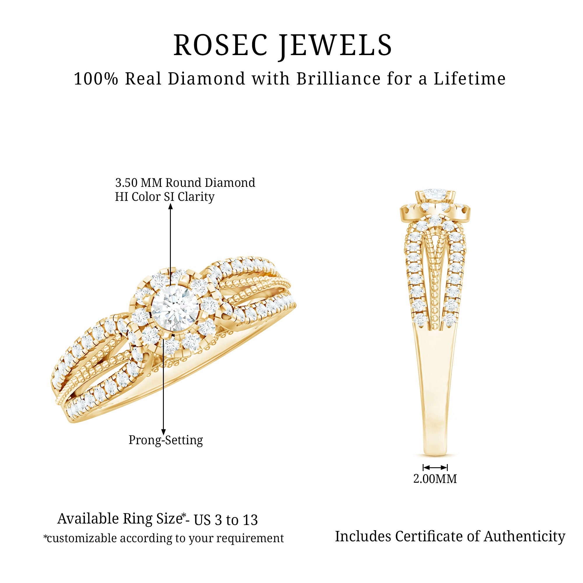 Real Diamond Designer Engagement Ring in Split Shank Natural - ( HI-SI ) - Rosec Jewels