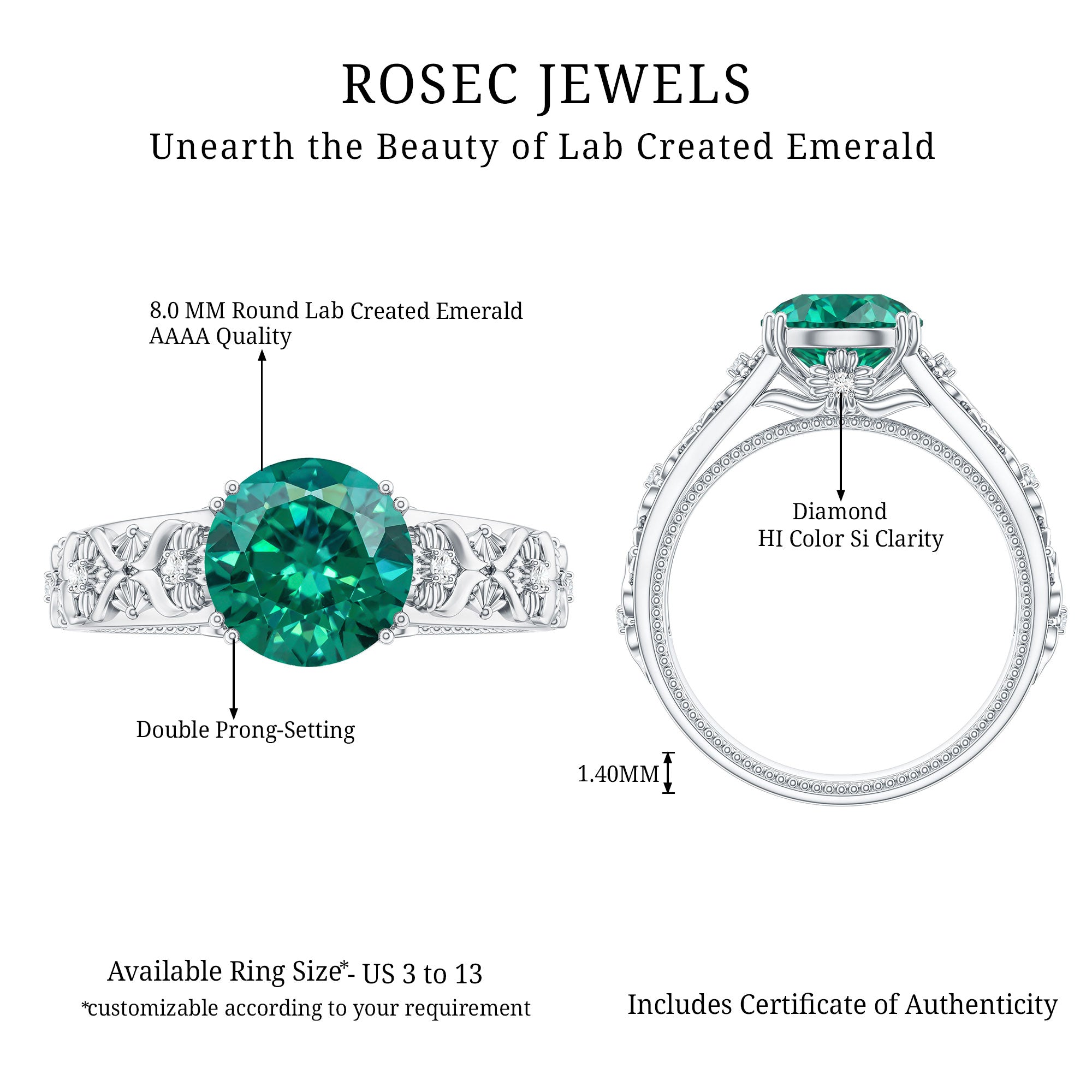 2 Carat Round Lab Created Emerald Antique Looking Engagement Ring with Diamond AAAA - Rosec Jewels
