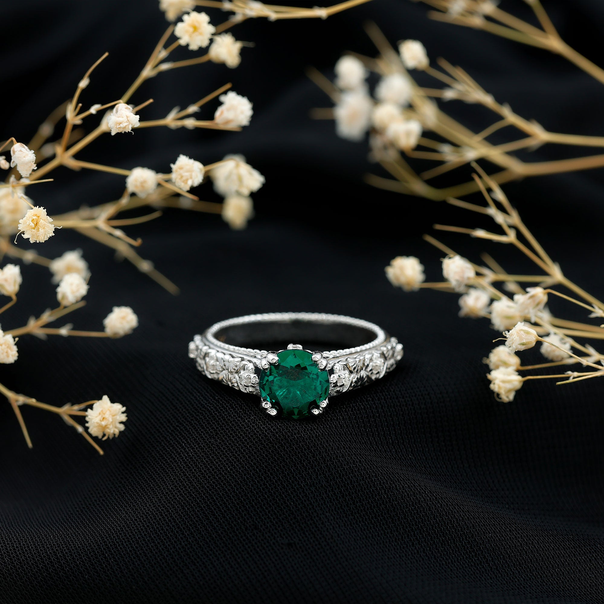 2 Carat Round Lab Created Emerald Antique Looking Engagement Ring with Diamond AAAA - Rosec Jewels