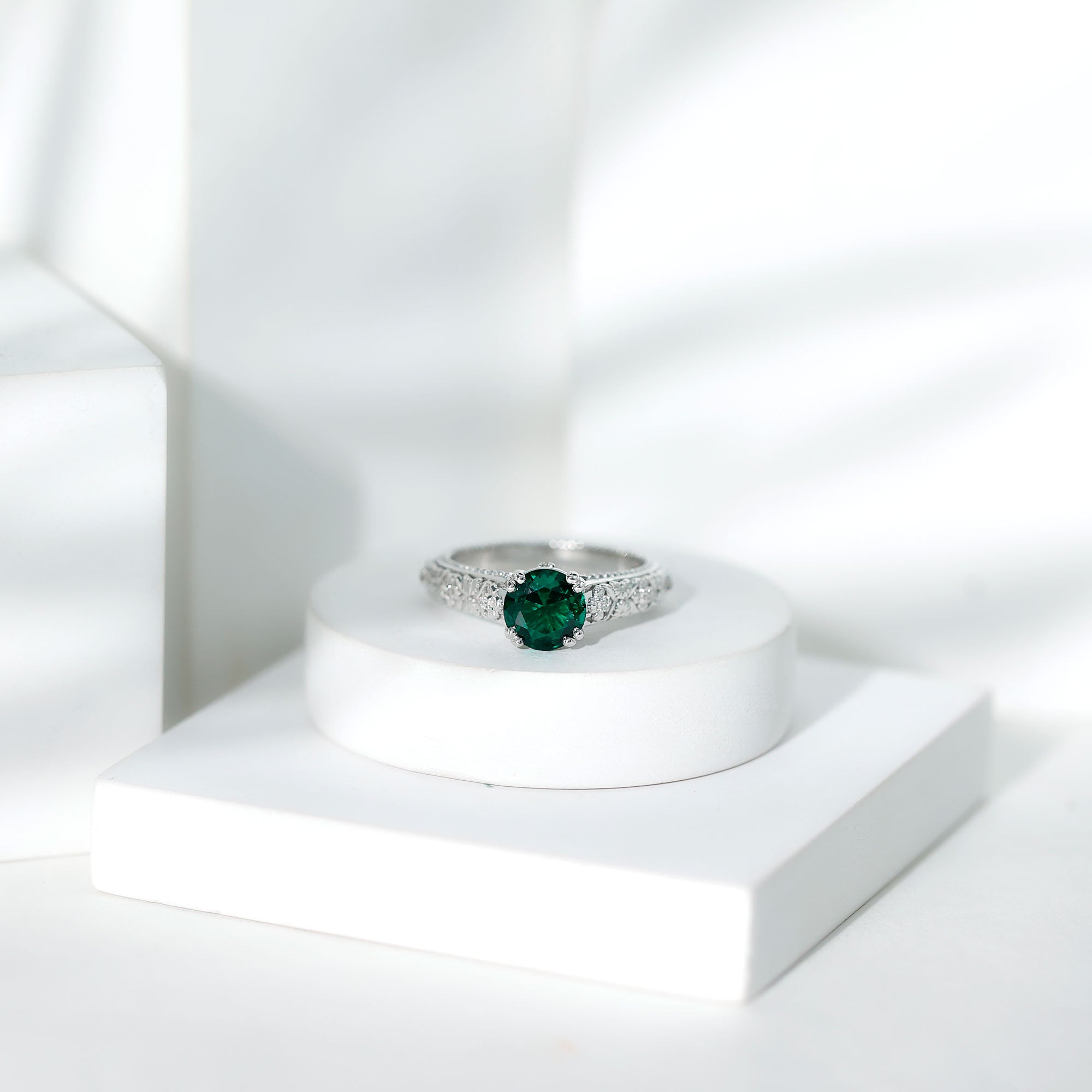 2 Carat Round Lab Created Emerald Antique Looking Engagement Ring with Diamond AAAA - Rosec Jewels