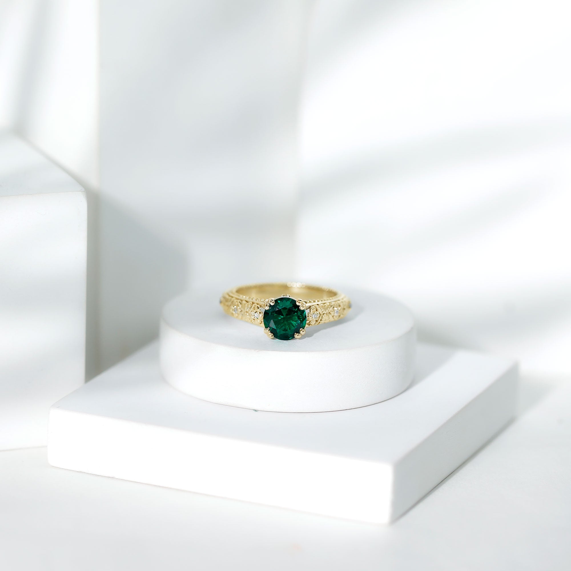2 Carat Round Lab Created Emerald Antique Looking Engagement Ring with Diamond AAAA - Rosec Jewels