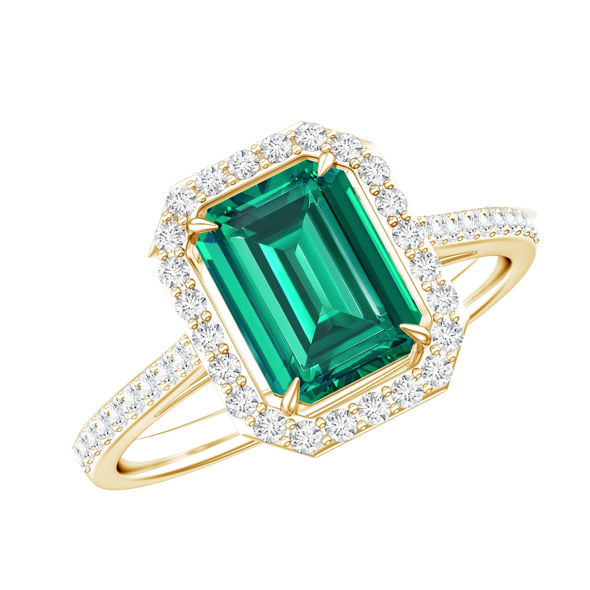 1.6 Carat Emerald Cut Lab Created Emerald Engagement Ring With Moissanite Halo AAAA - Rosec Jewels