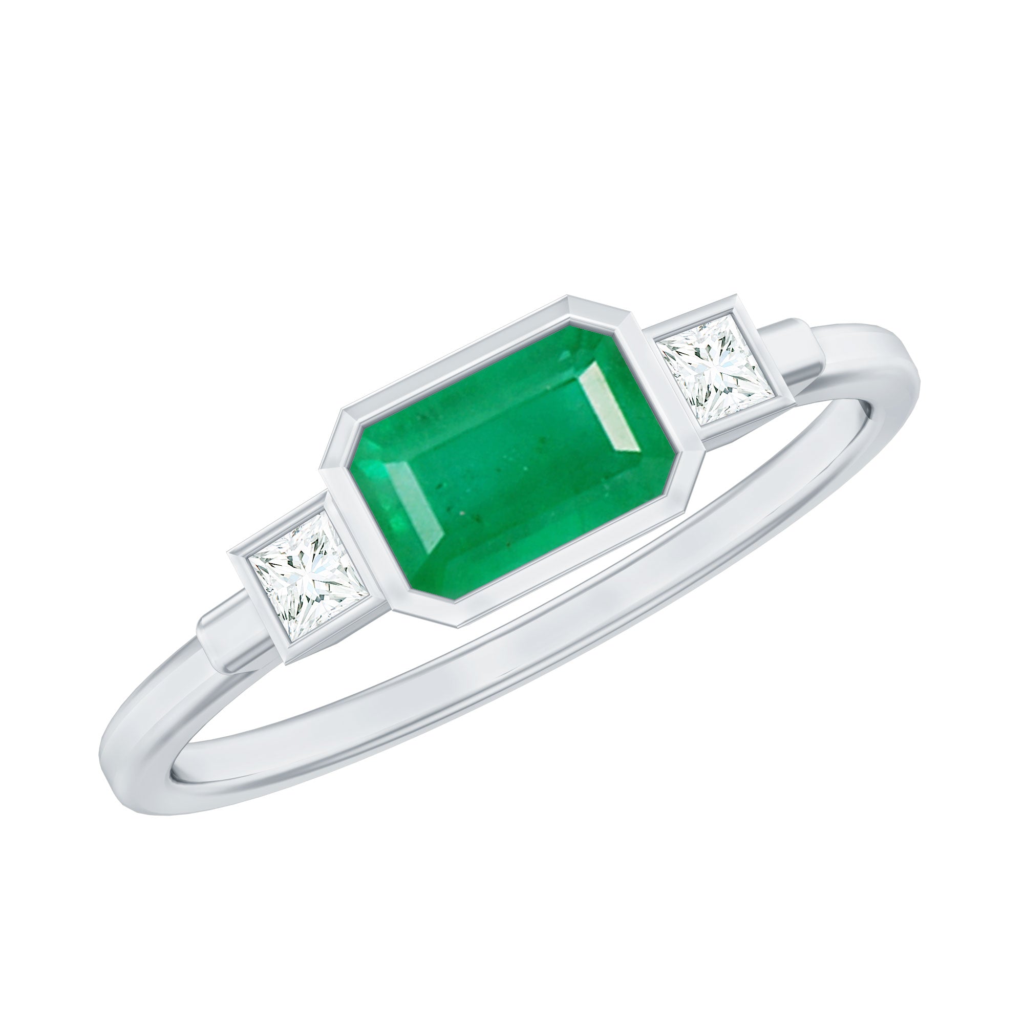 Octagon shape Emerald and Diamond East-West Promise Ring in Bezel Setting