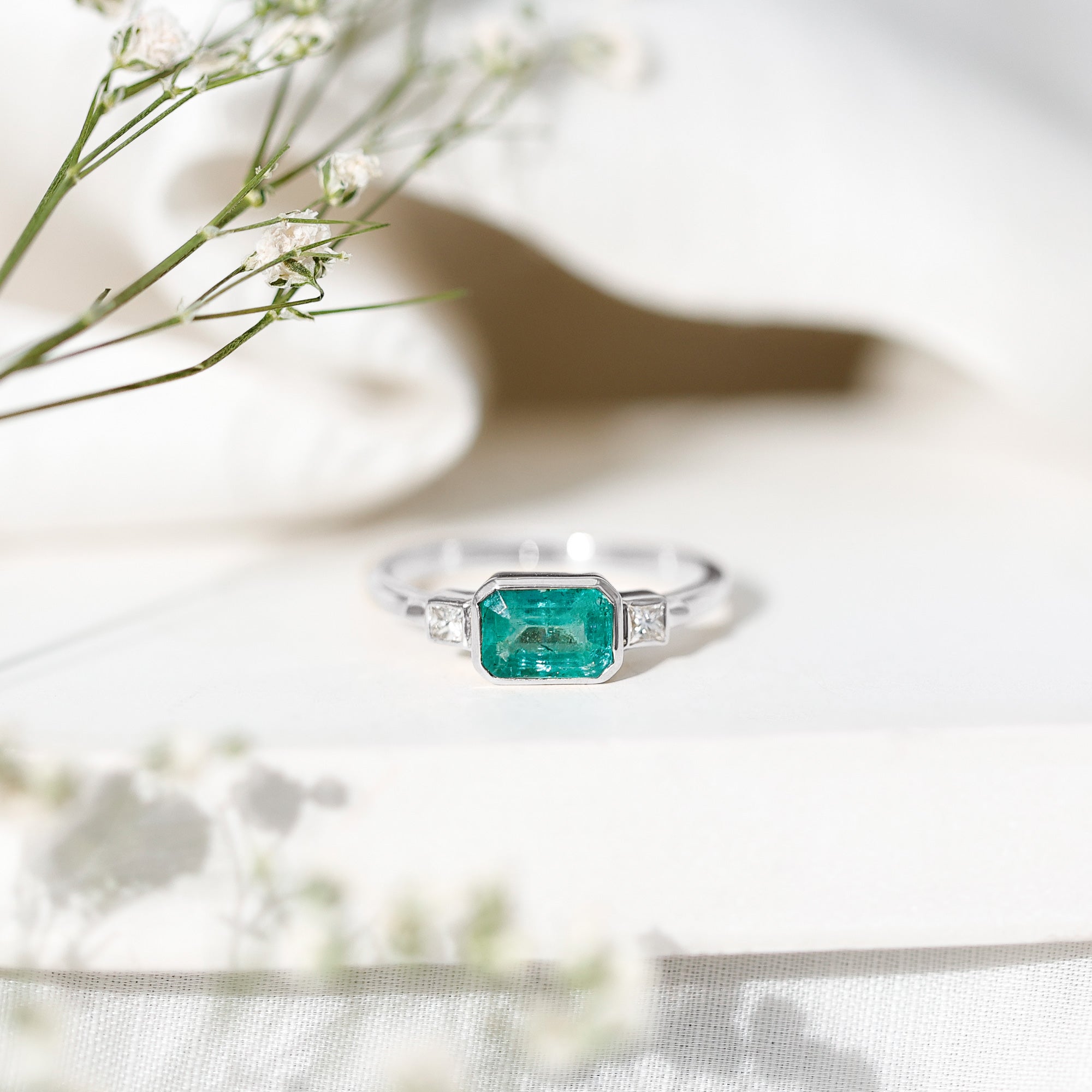 Octagon shape Emerald and Diamond East-West Promise Ring in Bezel Setting AAA - Rosec Jewels