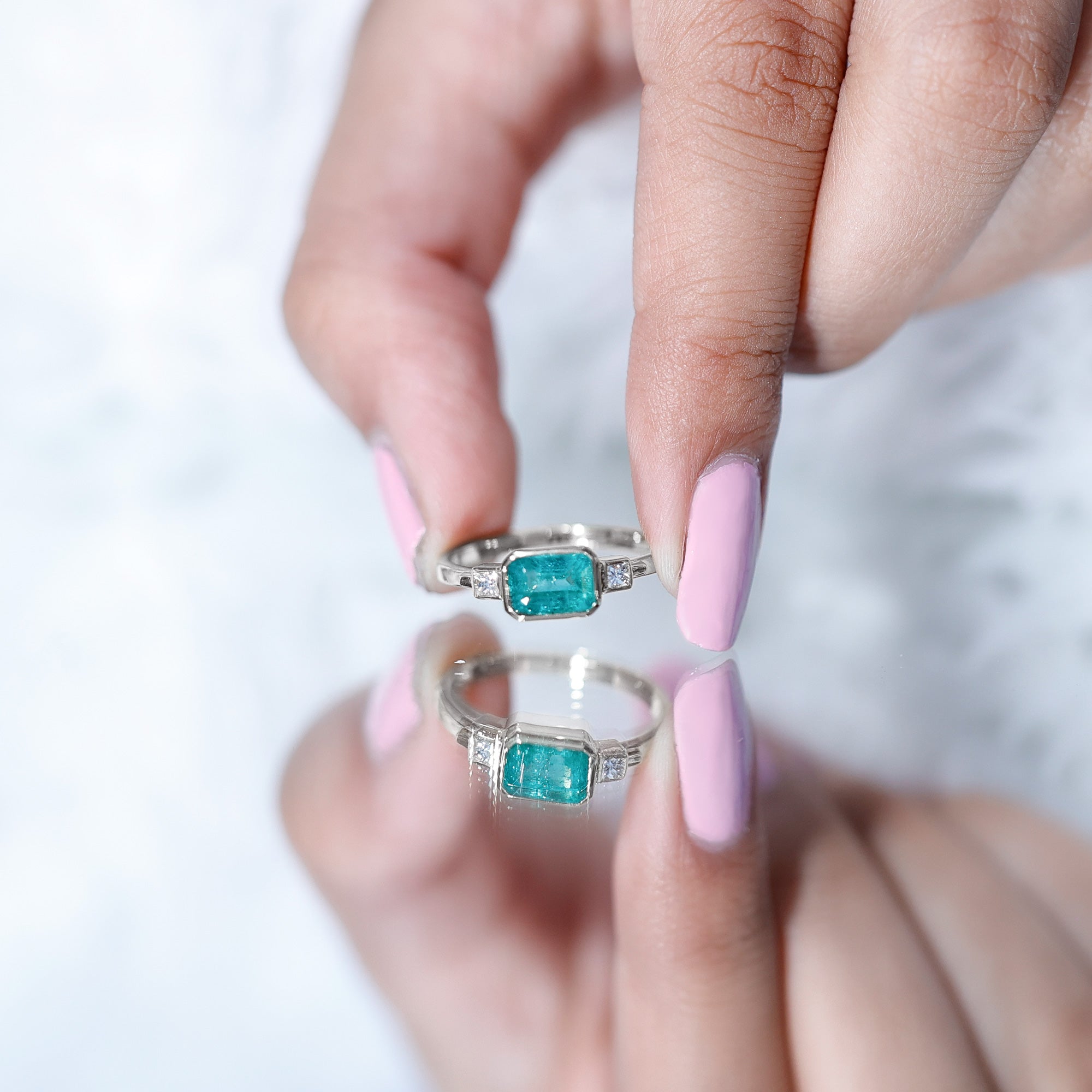 Octagon shape Emerald and Diamond East-West Promise Ring in Bezel Setting AAA - Rosec Jewels