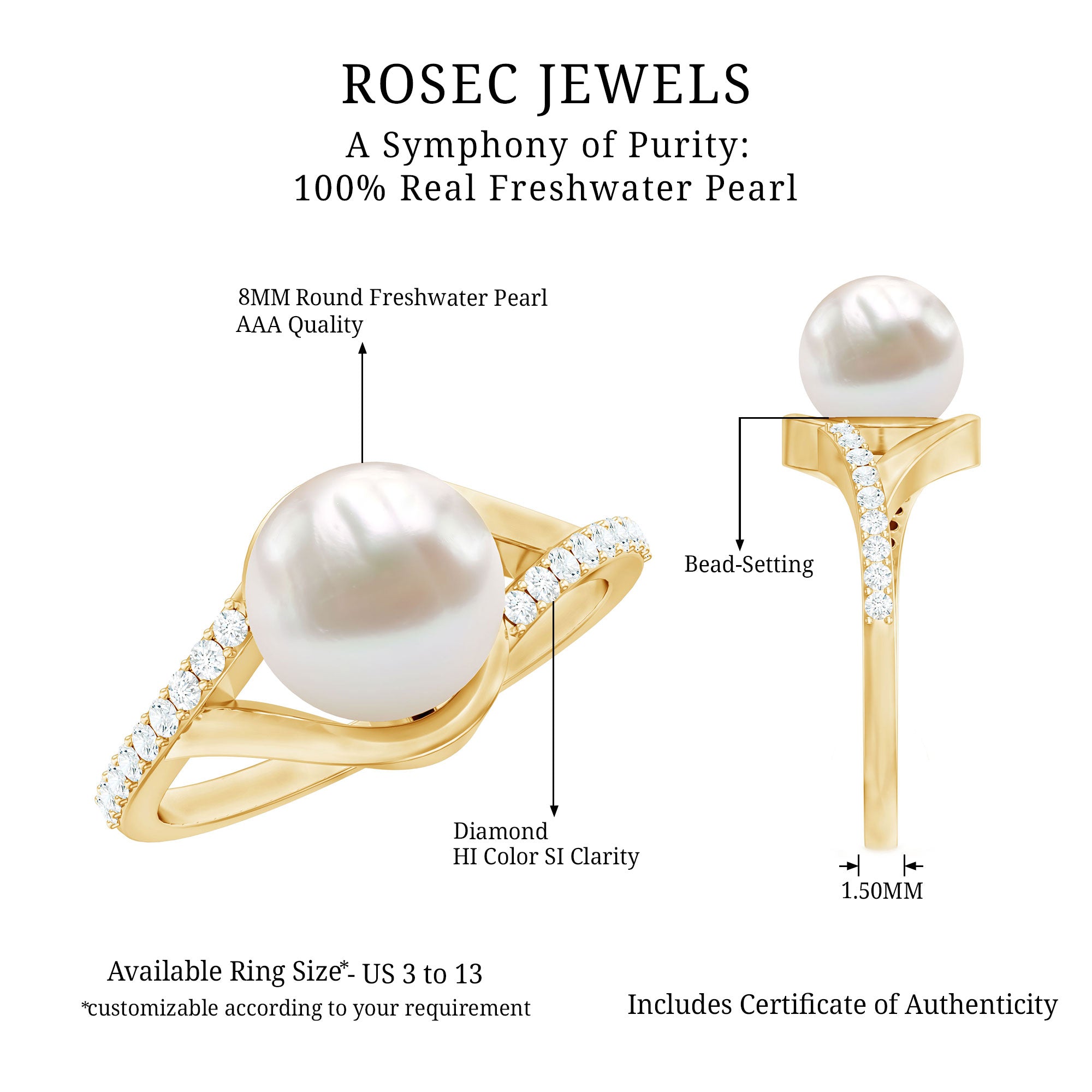 Rosec Jewels-Cultured 7.4 Carat Freshwater Pearl Engagement Ring with Diamond Split Shank
