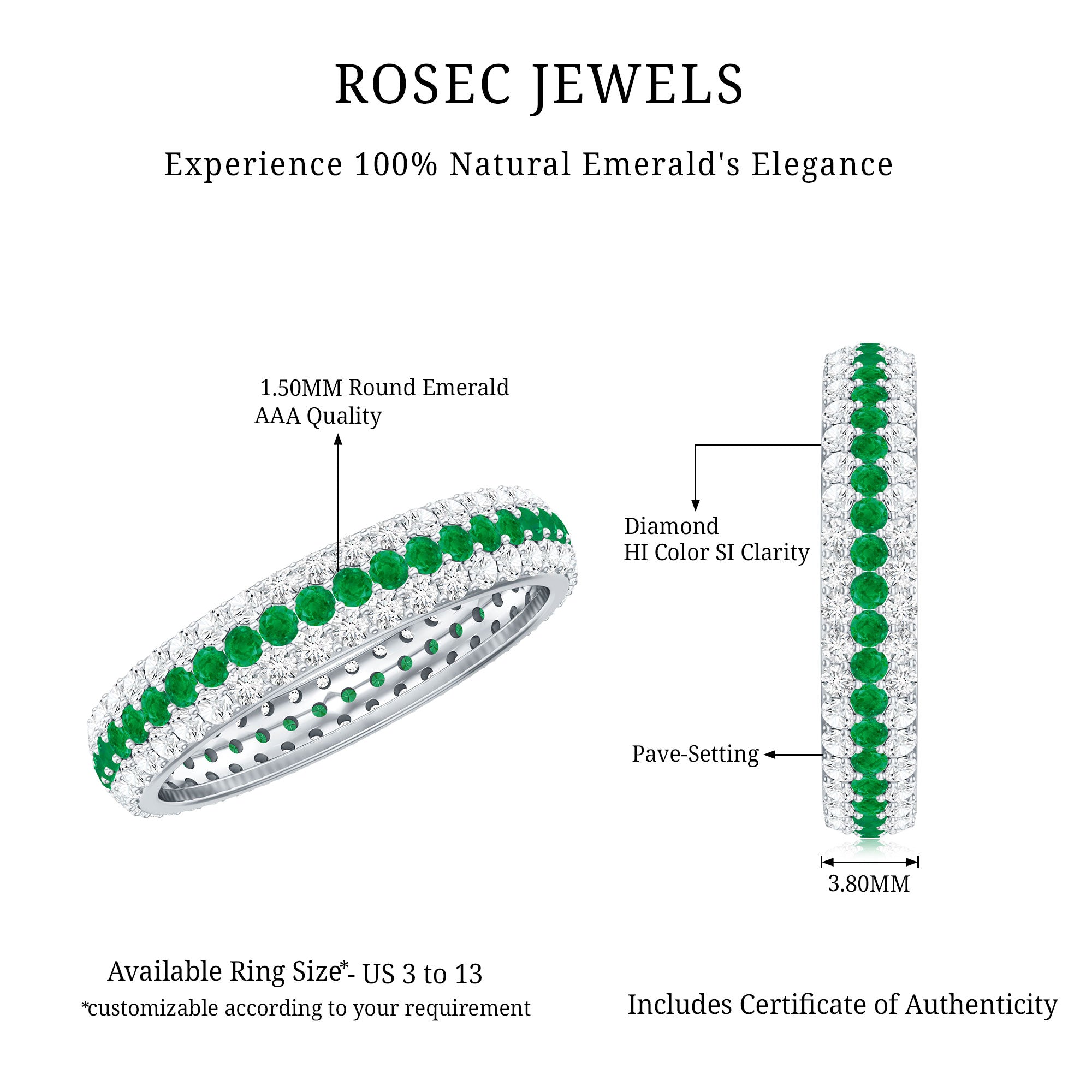 Genuine Emerald and Diamond Three Row Wedding Band AAA - Rosec Jewels