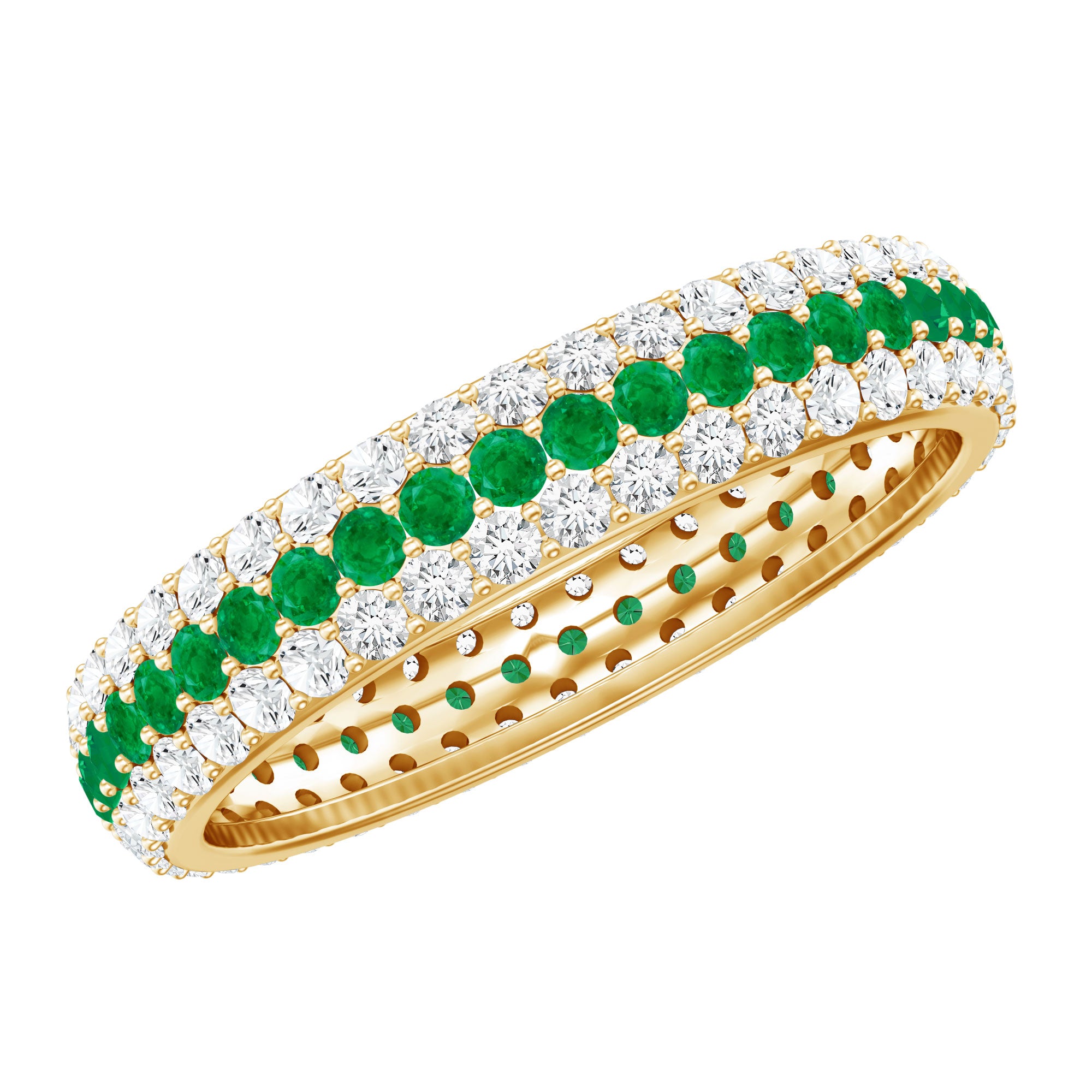 Genuine Emerald and Diamond Three Row Wedding Band AAA - Rosec Jewels