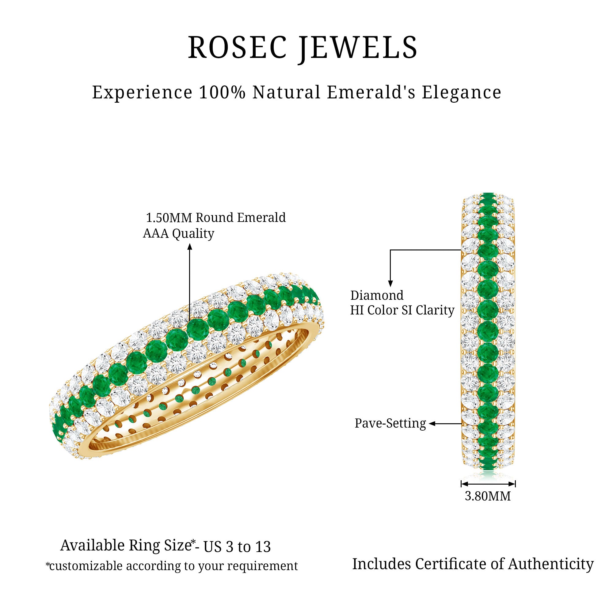 Genuine Emerald and Diamond Three Row Wedding Band AAA - Rosec Jewels