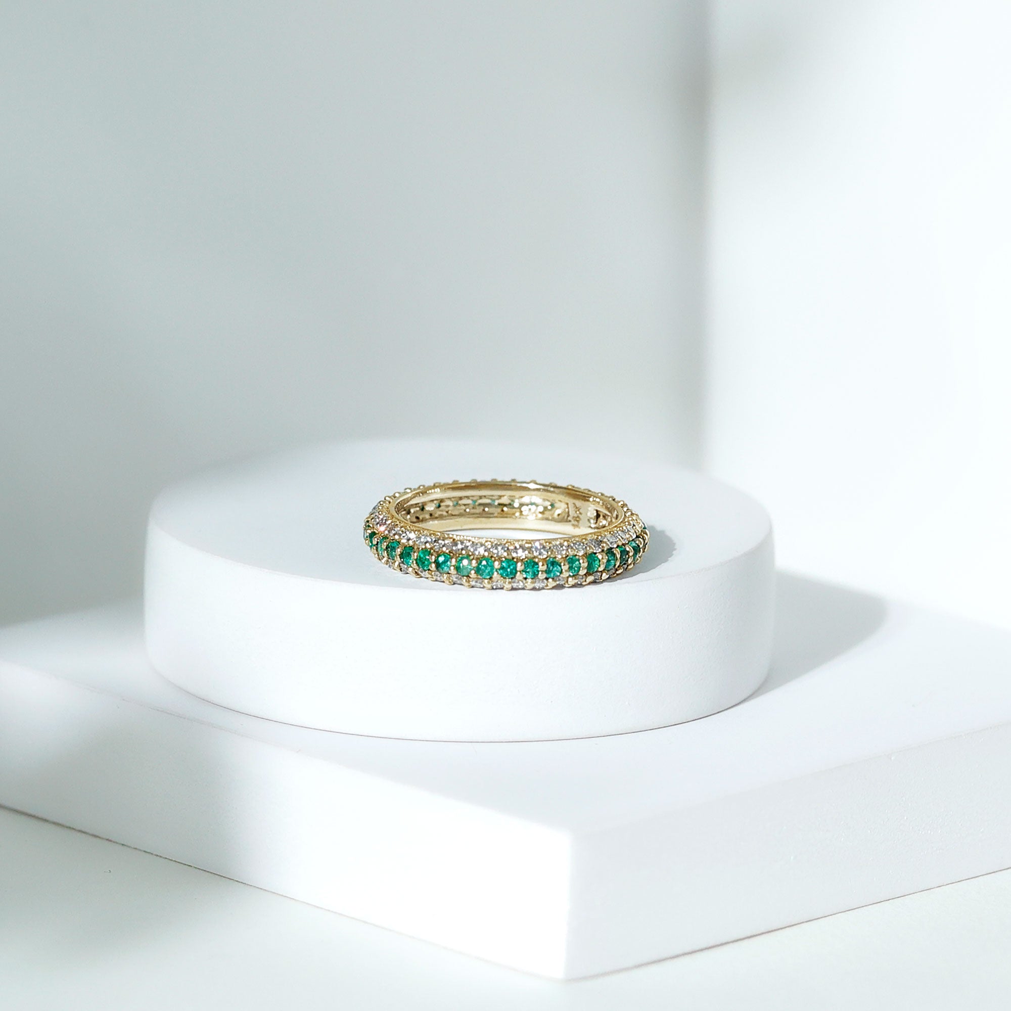 Genuine Emerald and Diamond Three Row Wedding Band AAA - Rosec Jewels