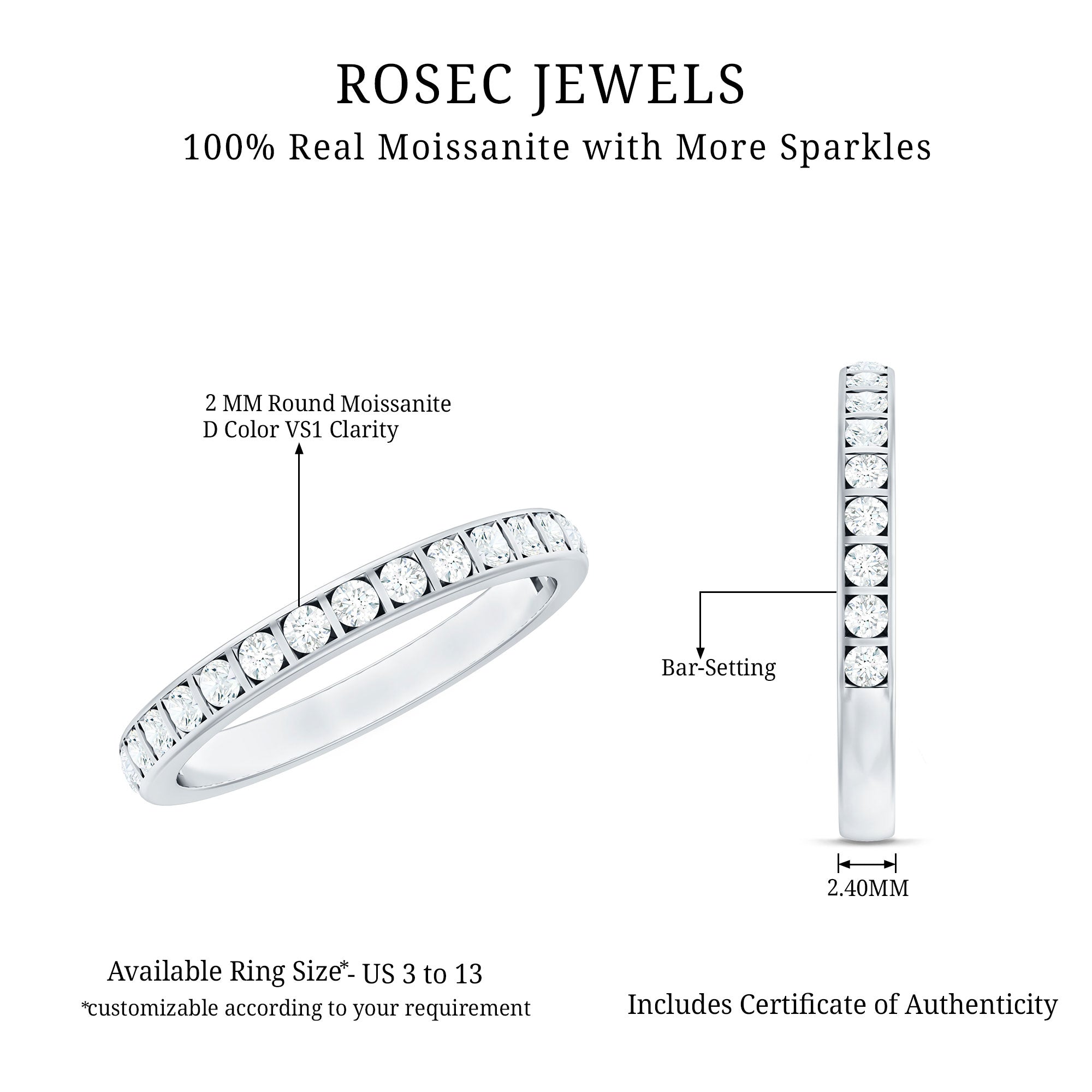 Bar Set Moissanite Half Eternity Band For Women D-VS1 - Rosec Jewels