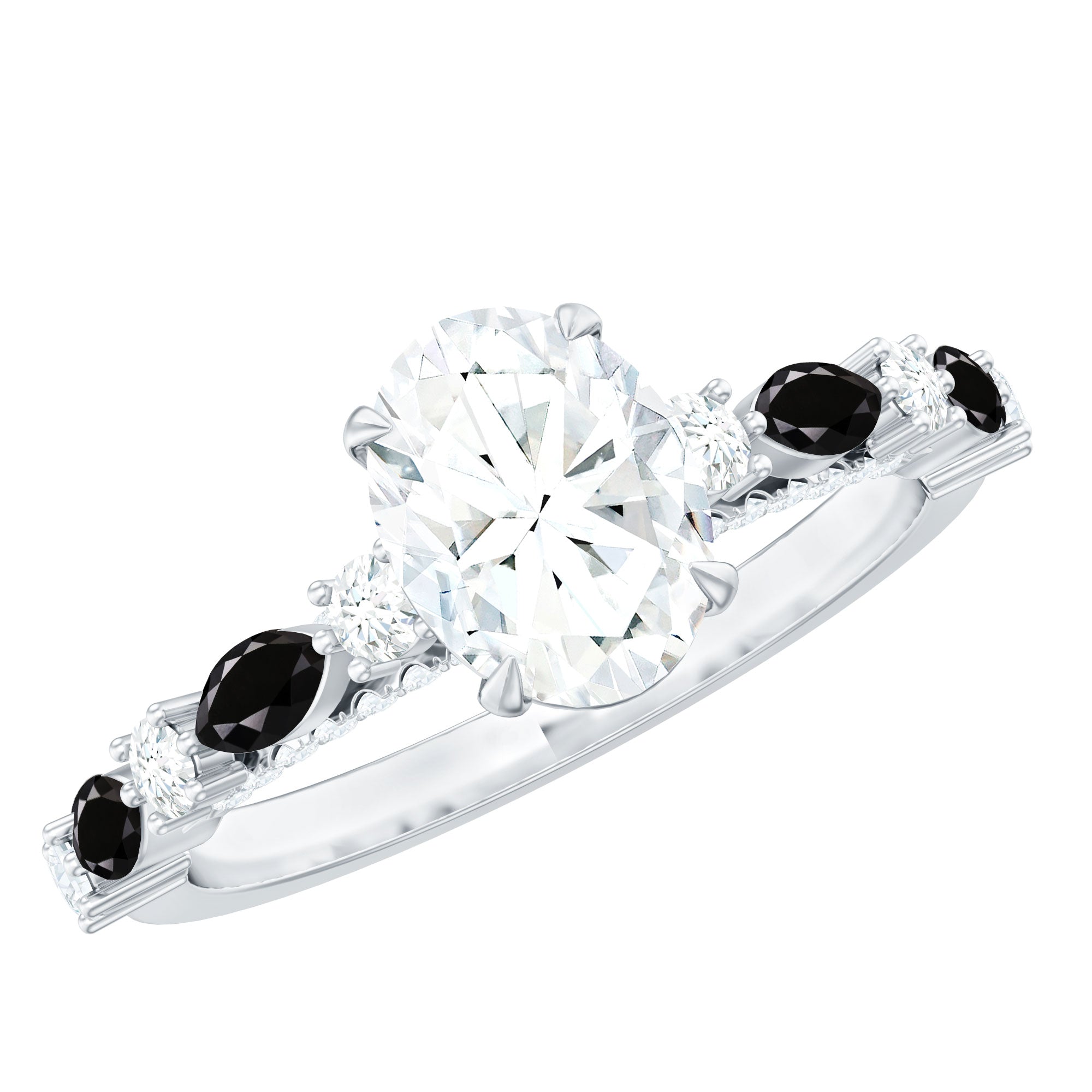 Moissanite Solitaire and Black Spinel Engagement Ring in Claw Setting