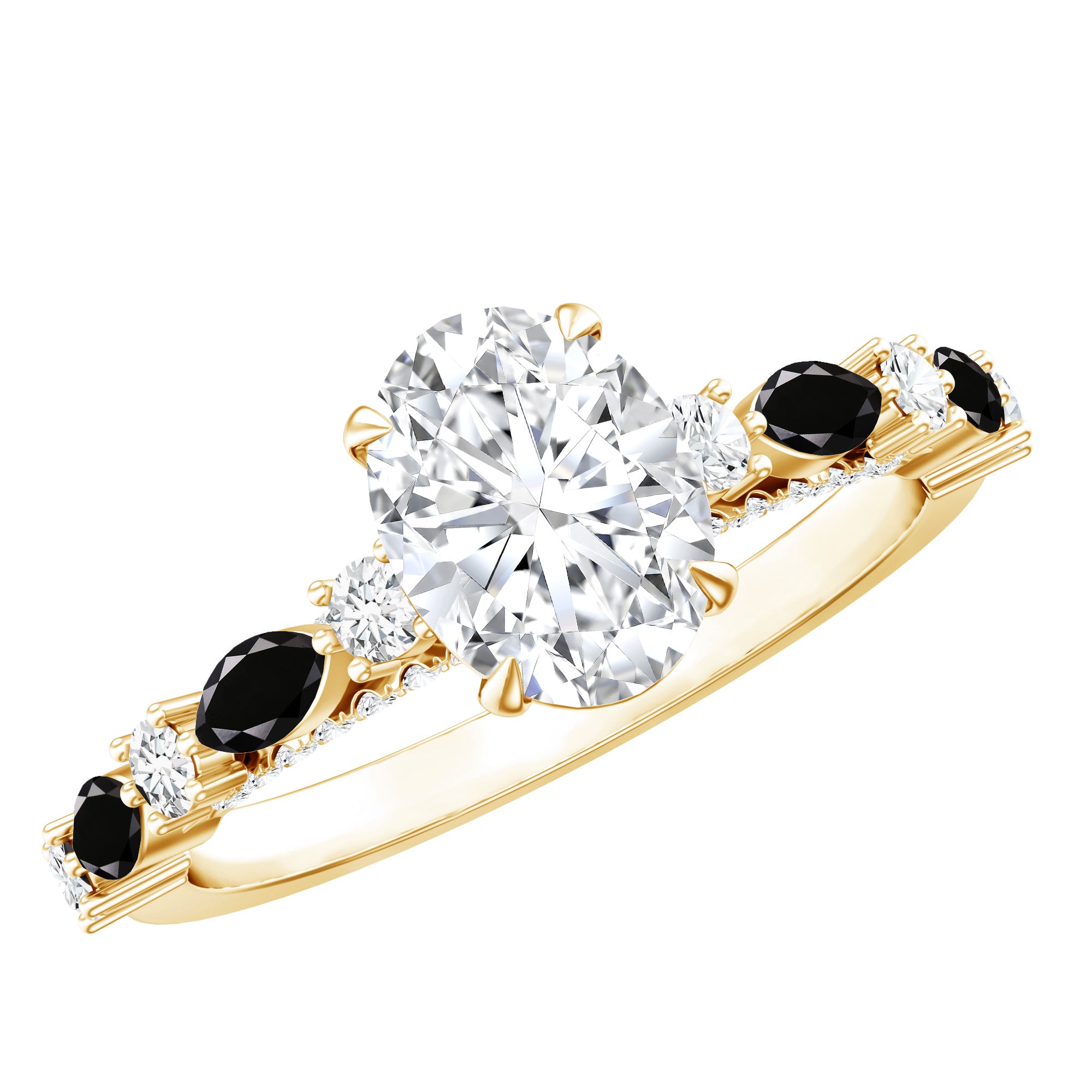 Certified Moissanite Oval Engagement Ring with Real Black Spinel AAA - Rosec Jewels