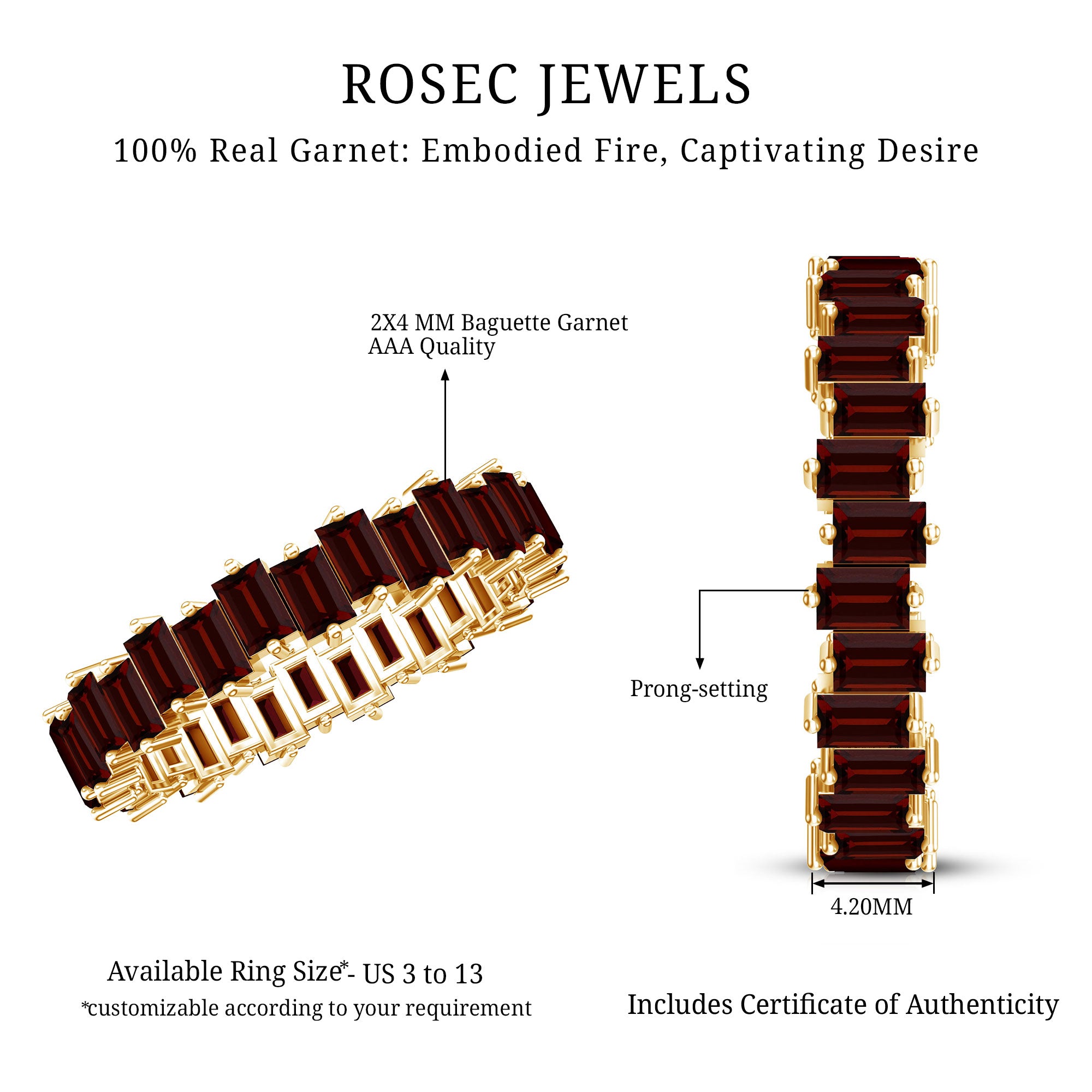 Real Garnet Baguette Eternity Ring with Certificate AAA - Rosec Jewels