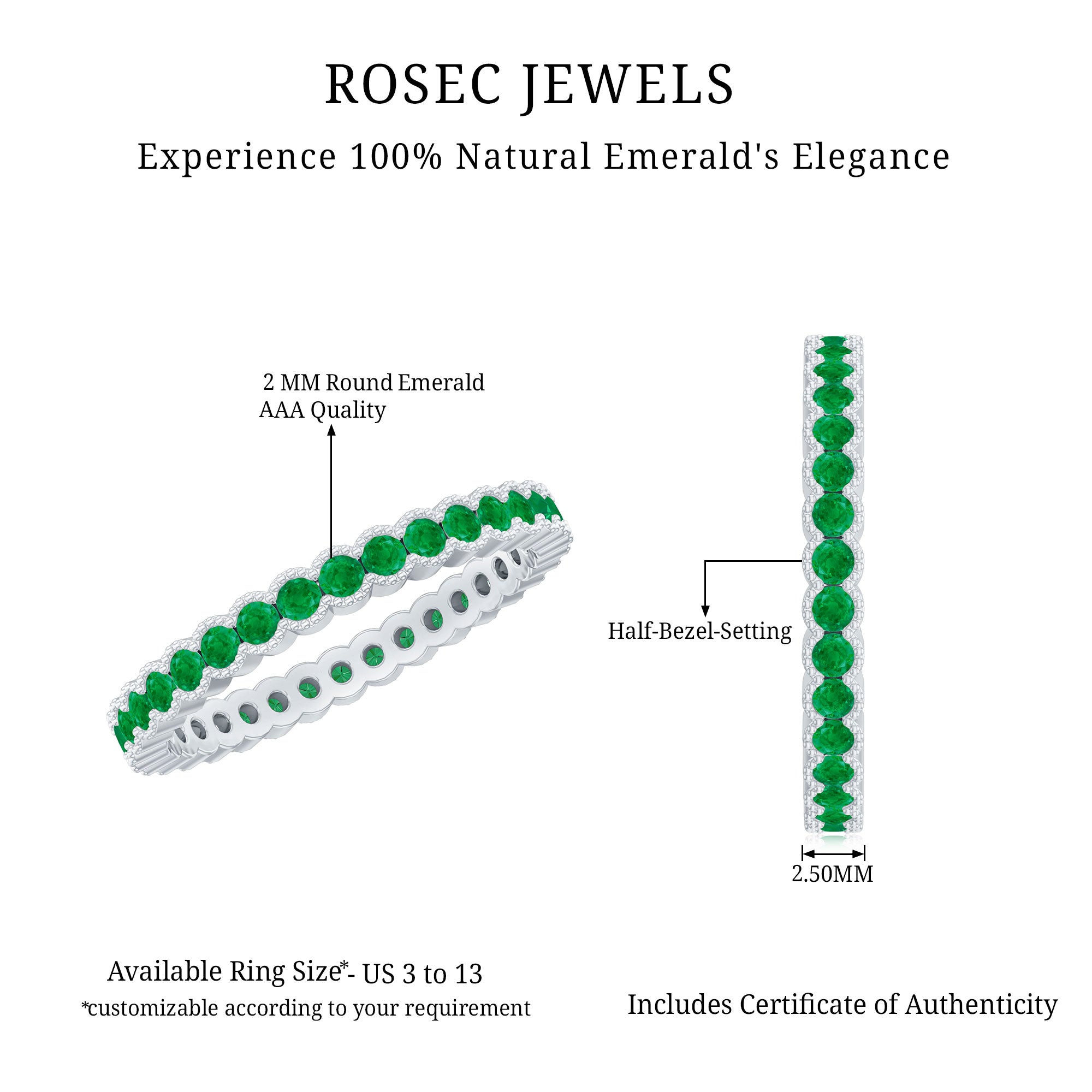 Beaded Bezel Set Emerald Full Eternity Stackable Ring AAA - Rosec Jewels