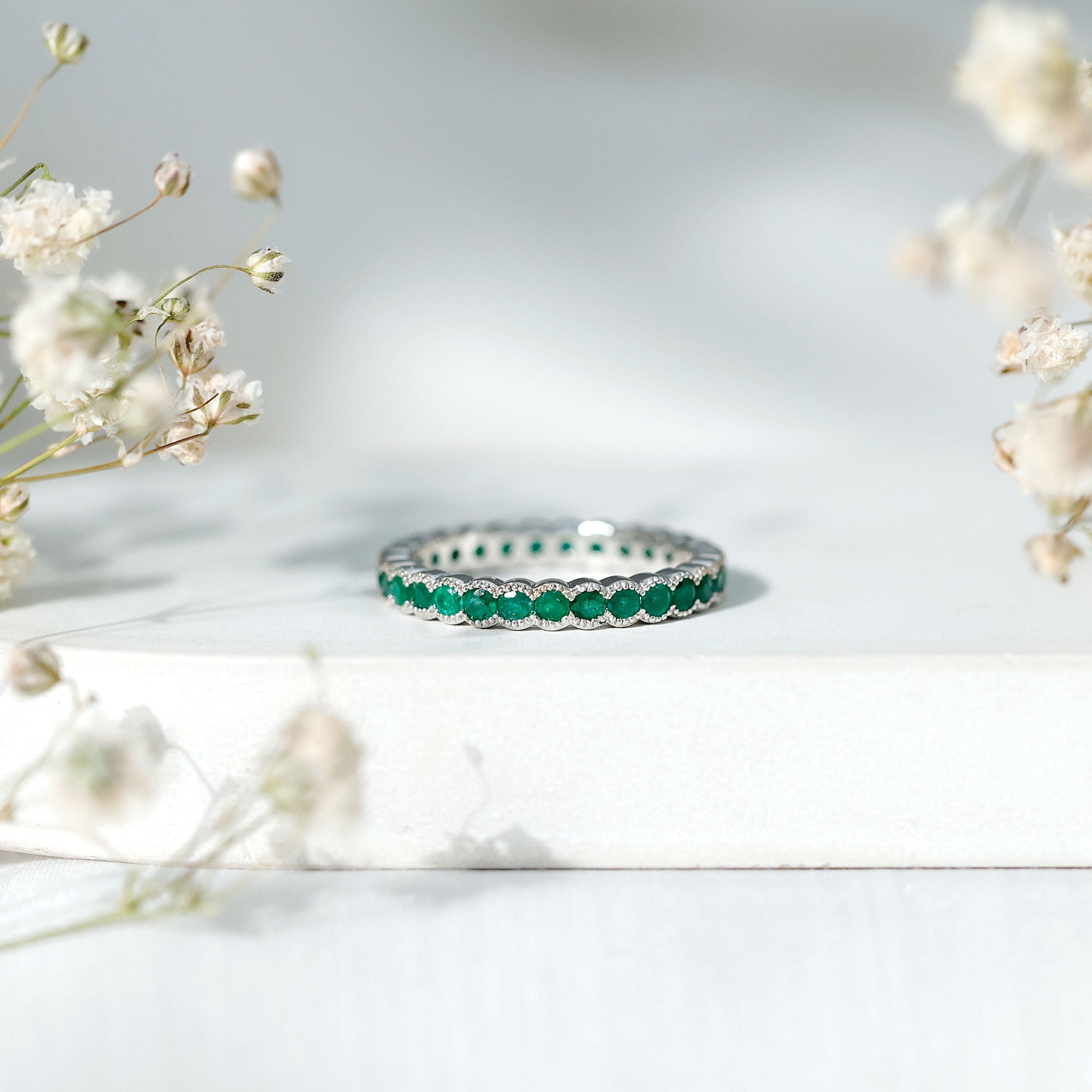 Beaded Bezel Set Emerald Full Eternity Stackable Ring AAA - Rosec Jewels