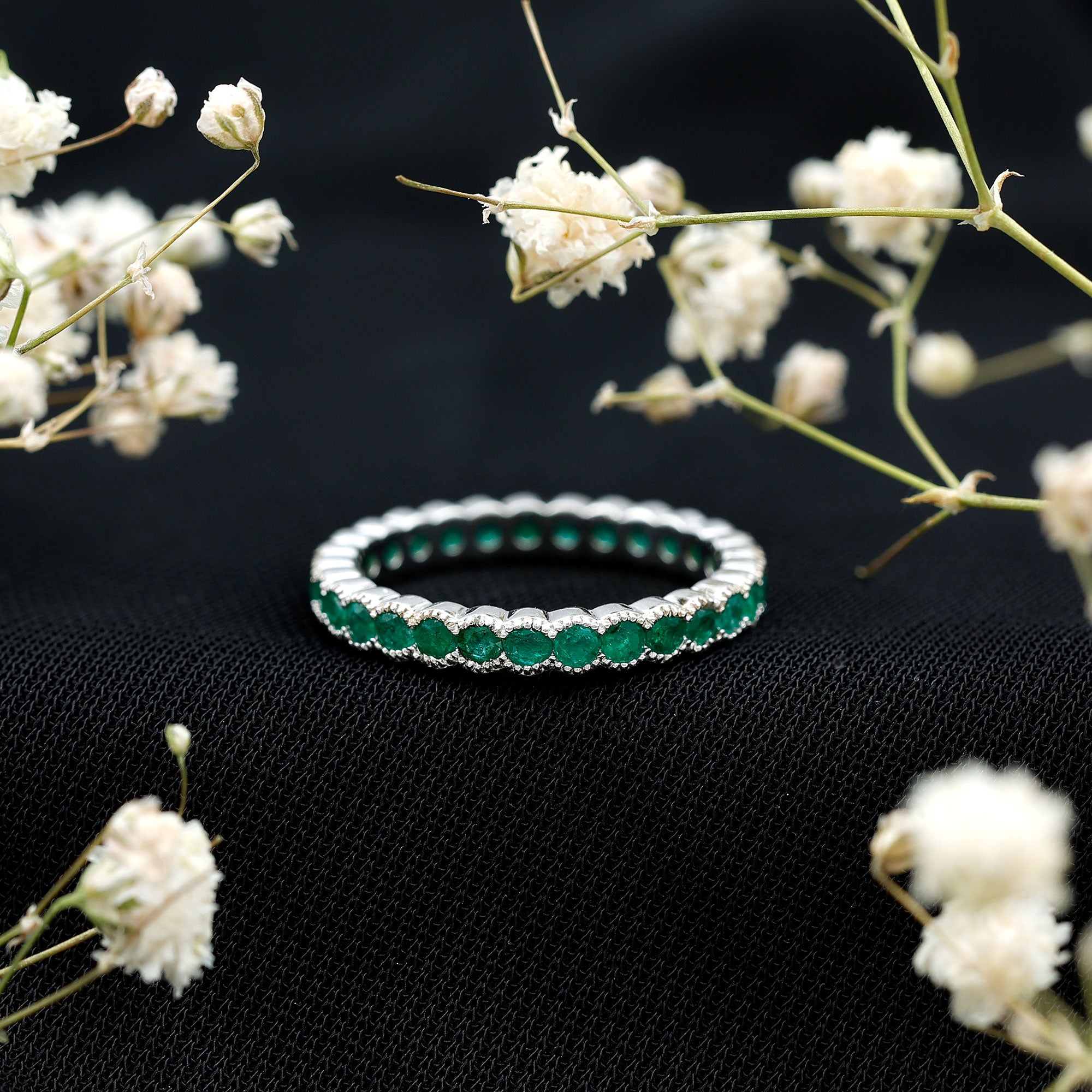 Beaded Bezel Set Emerald Full Eternity Stackable Ring AAA - Rosec Jewels