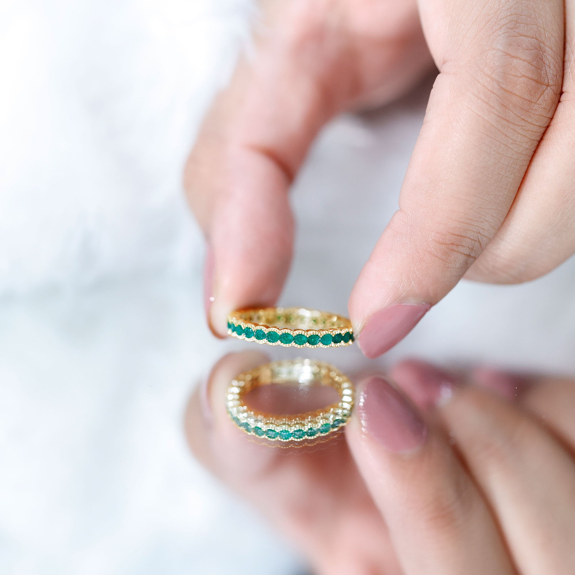 Beaded Bezel Set Emerald Full Eternity Stackable Ring AAA - Rosec Jewels
