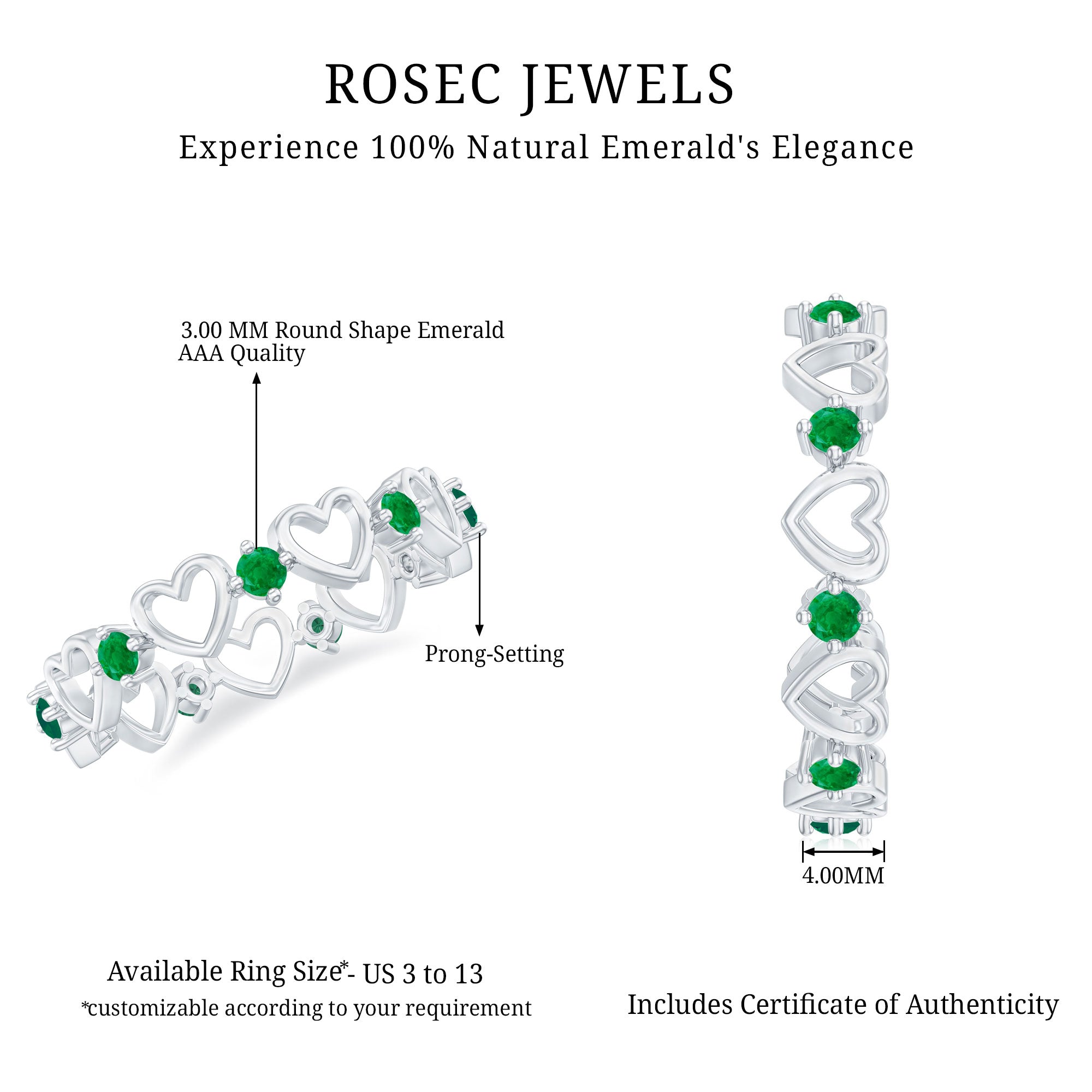 Minimalist Emerald Heart Shape Wedding Band AAA - Rosec Jewels