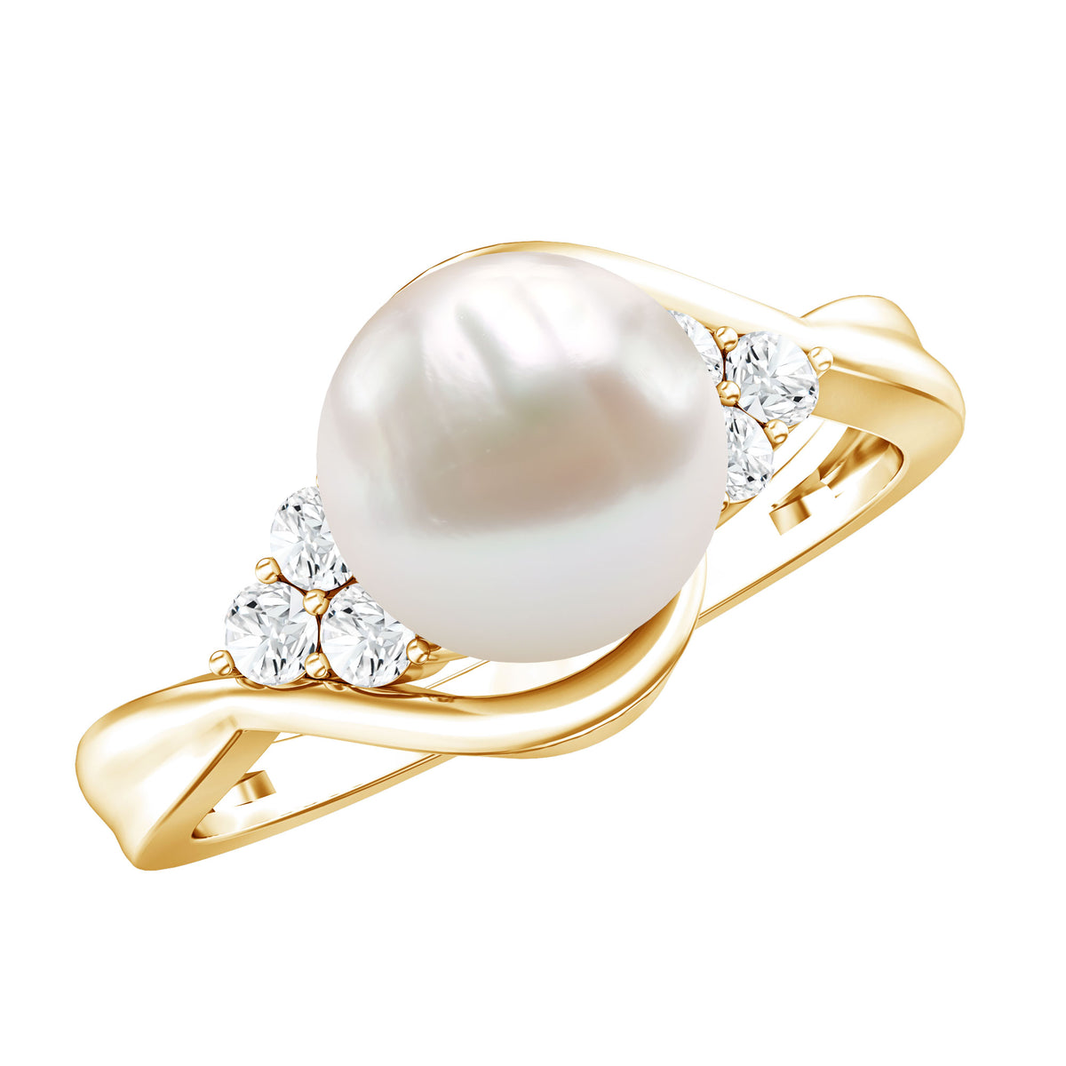 Natural 7.4 Carat Freshwater Pearl Engagement Ring with Diamond Trio AAA - Rosec Jewels