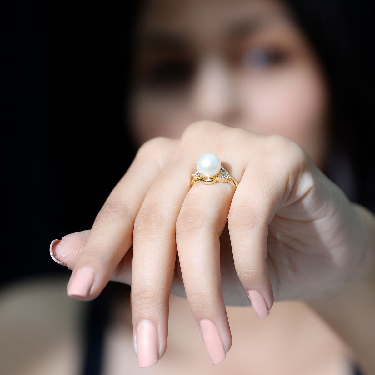 Natural 7.4 Carat Freshwater Pearl Engagement Ring with Diamond Trio AAA - Rosec Jewels