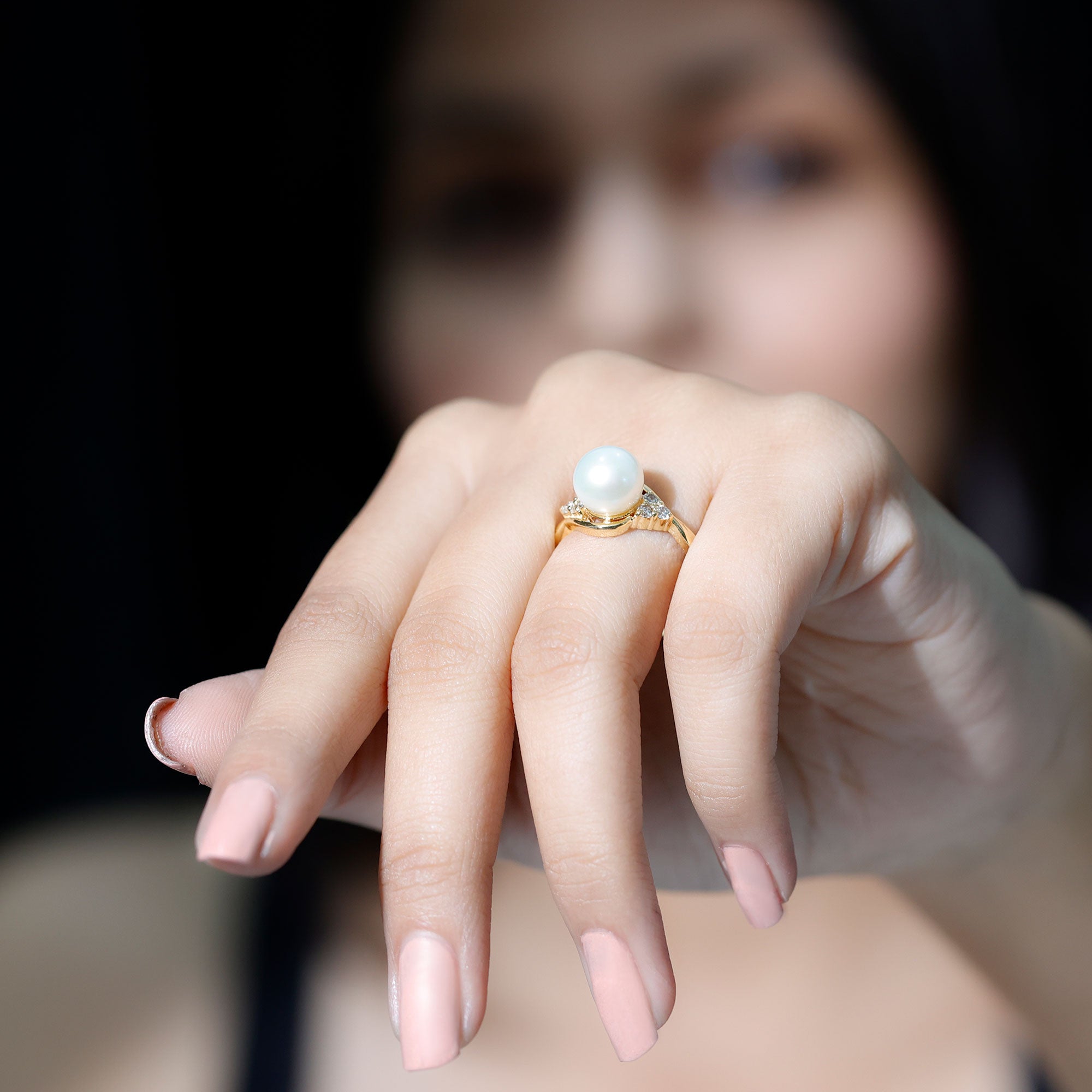 Rosec Jewels-Natural 7.4 Carat Freshwater Pearl Engagement Ring with Diamond Trio