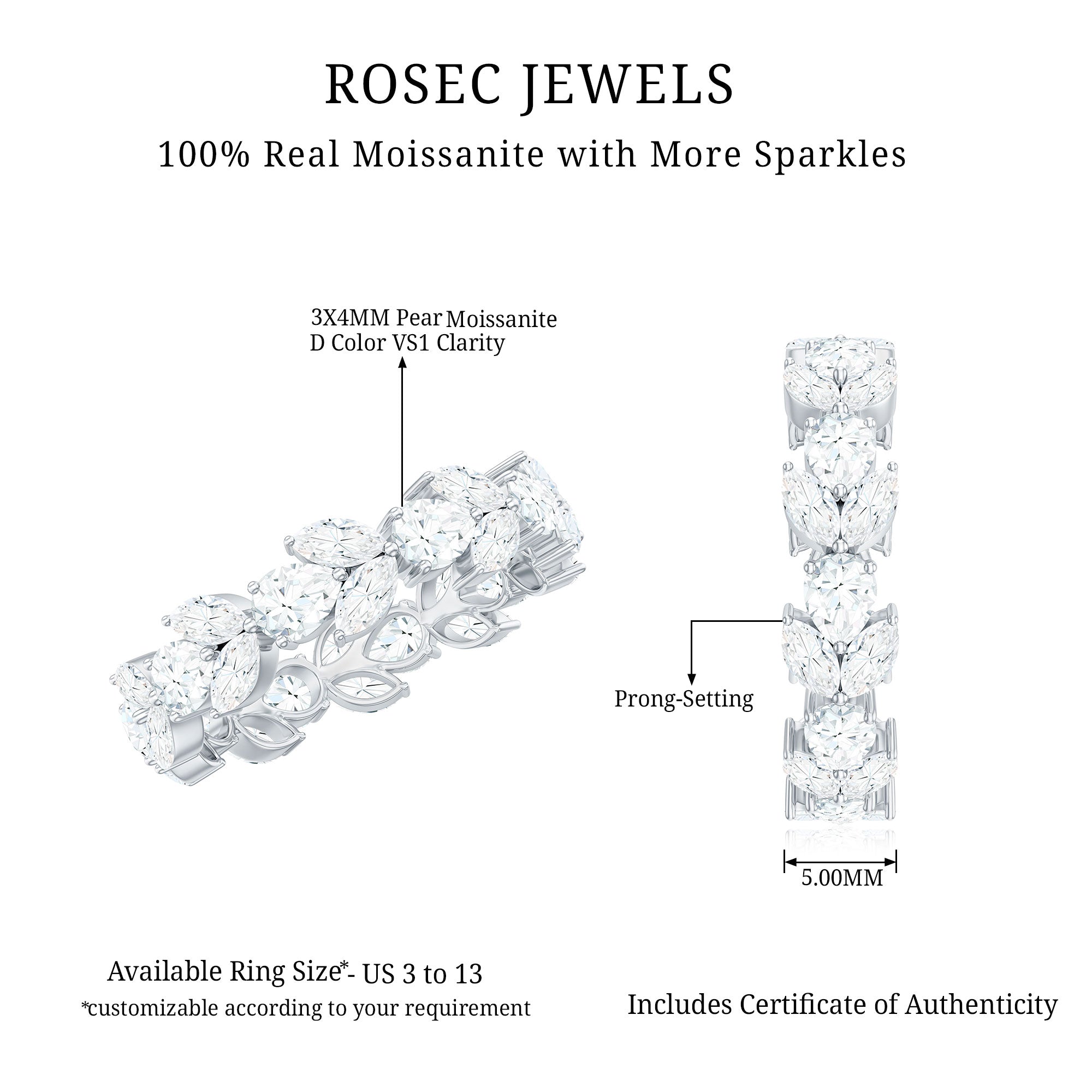 Certified Moissanite Leaf Eternity Band Ring for Women D-VS1 - Rosec Jewels