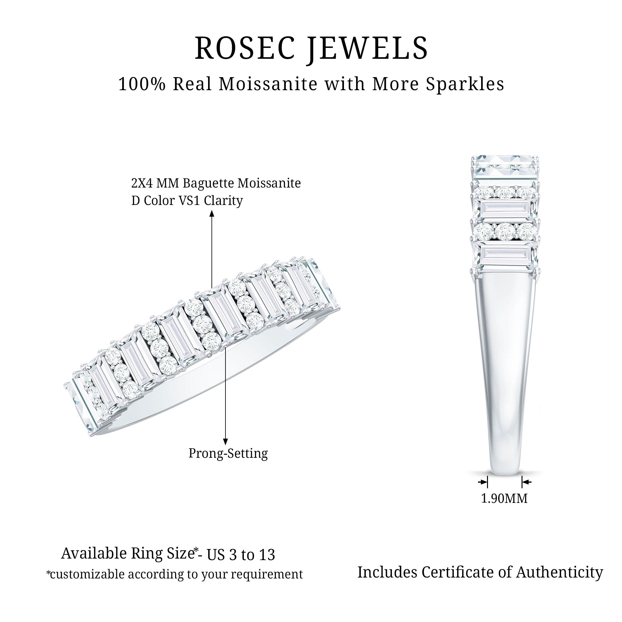 Certified Baguette Moissanite Half Eternity Band Ring for Women D-VS1 - Rosec Jewels
