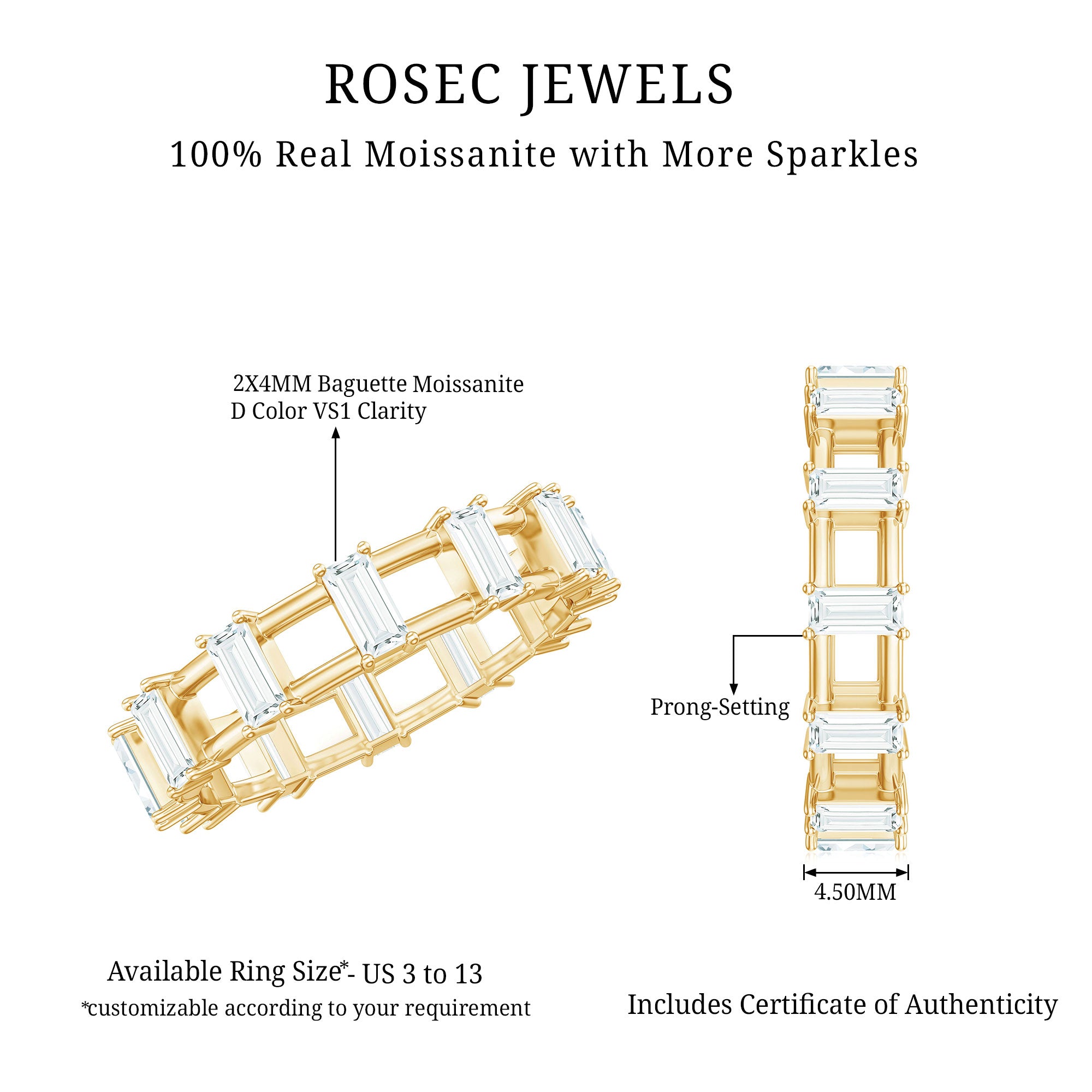 Moissanite Baguette Wedding Band with Certificate D-VS1 - Rosec Jewels