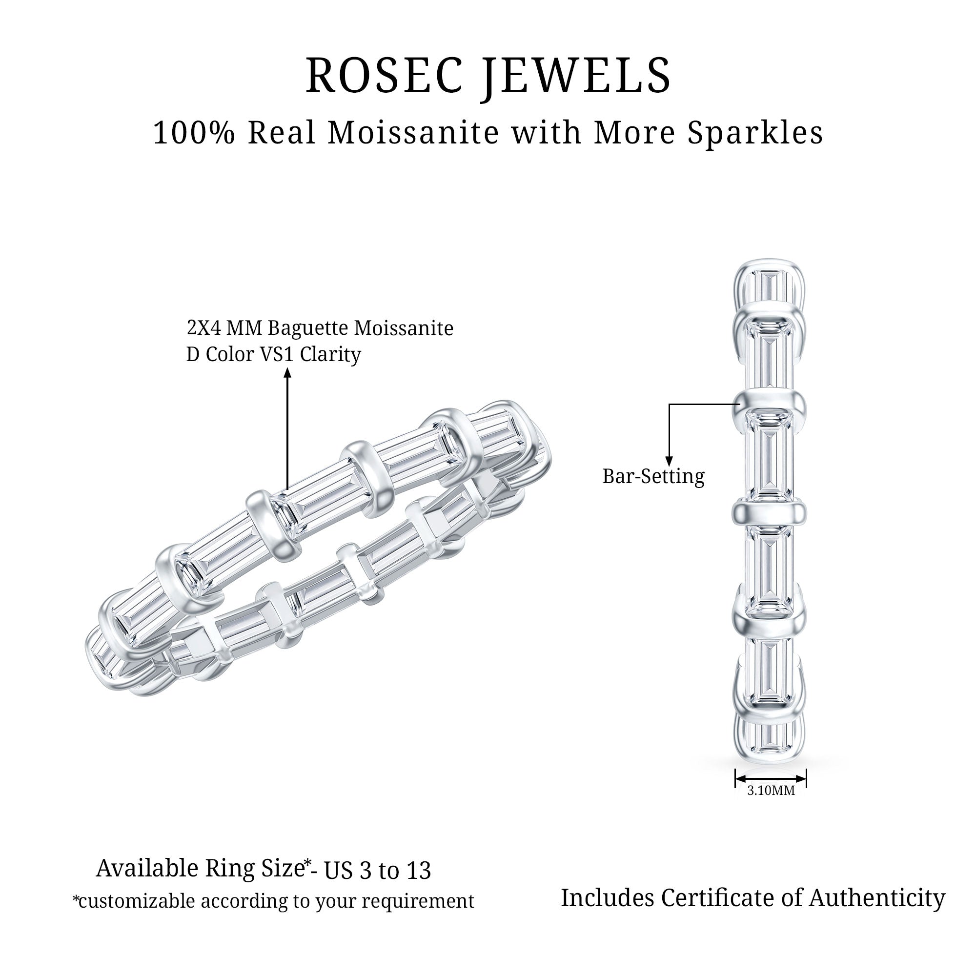 Certified Baguette Cut Moissanite East West Eternity Ring D-VS1 - Rosec Jewels