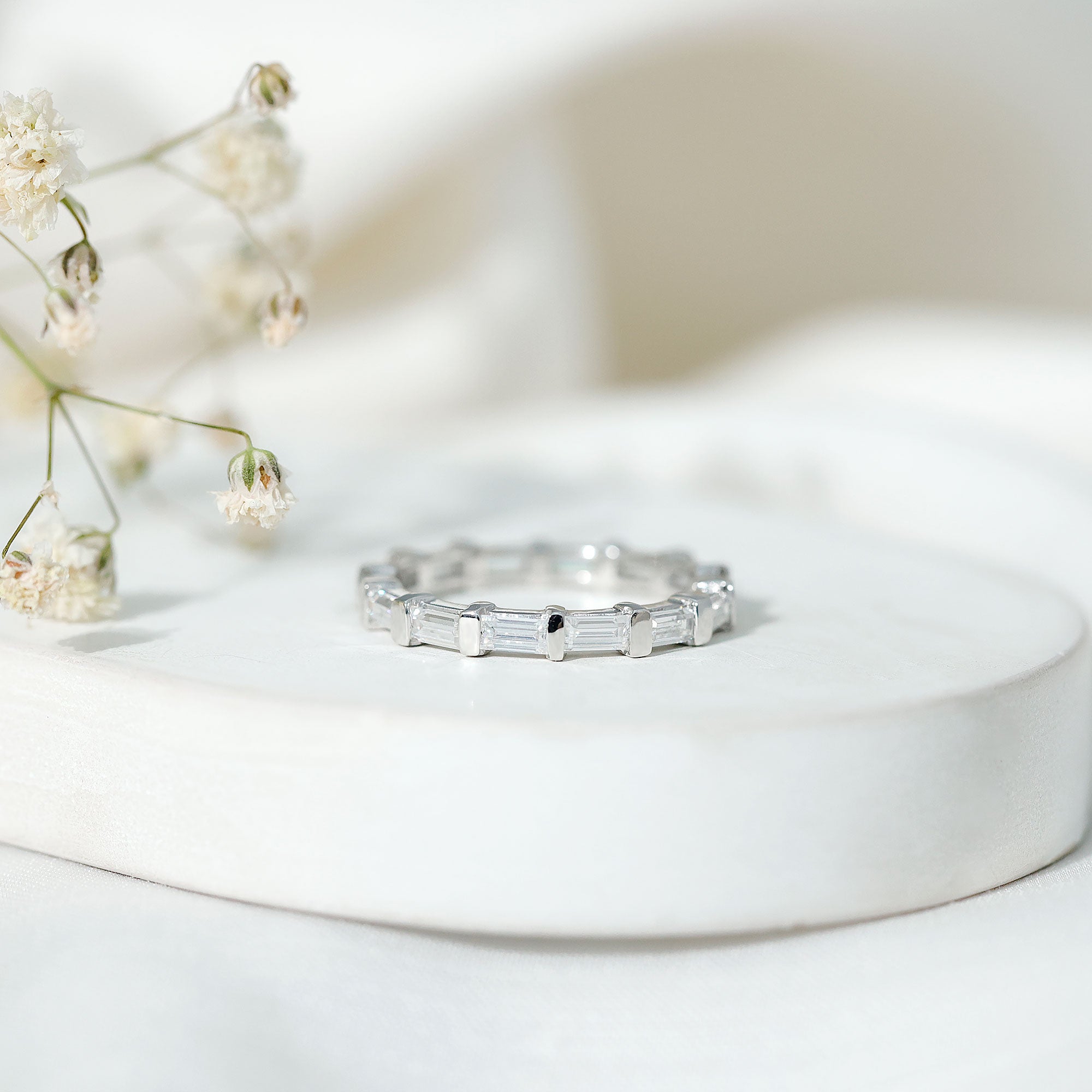 Certified Baguette Cut Moissanite East West Eternity Ring D-VS1 - Rosec Jewels
