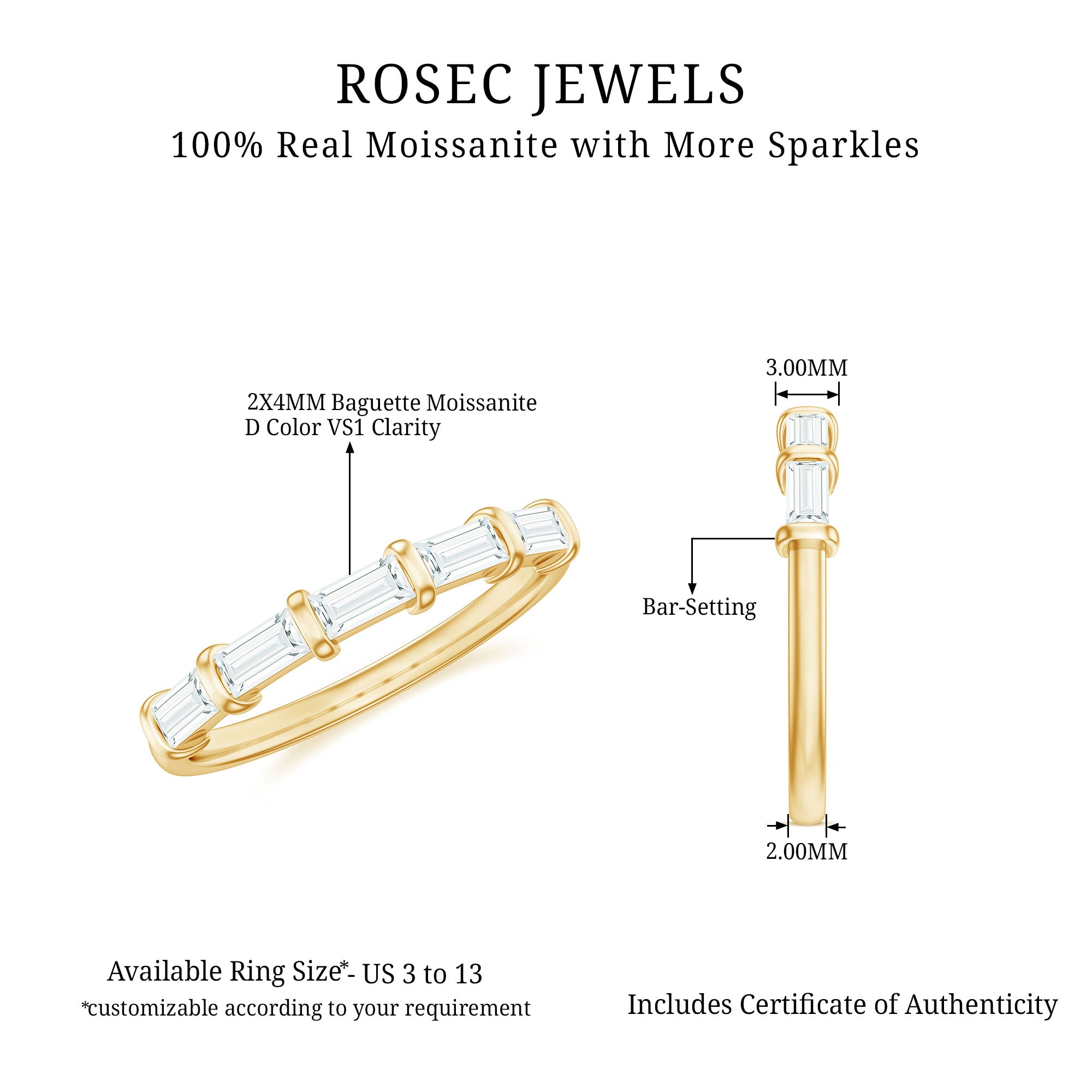 East West Set Moissanite Half Eternity Ring for Her D-VS1 - Rosec Jewels