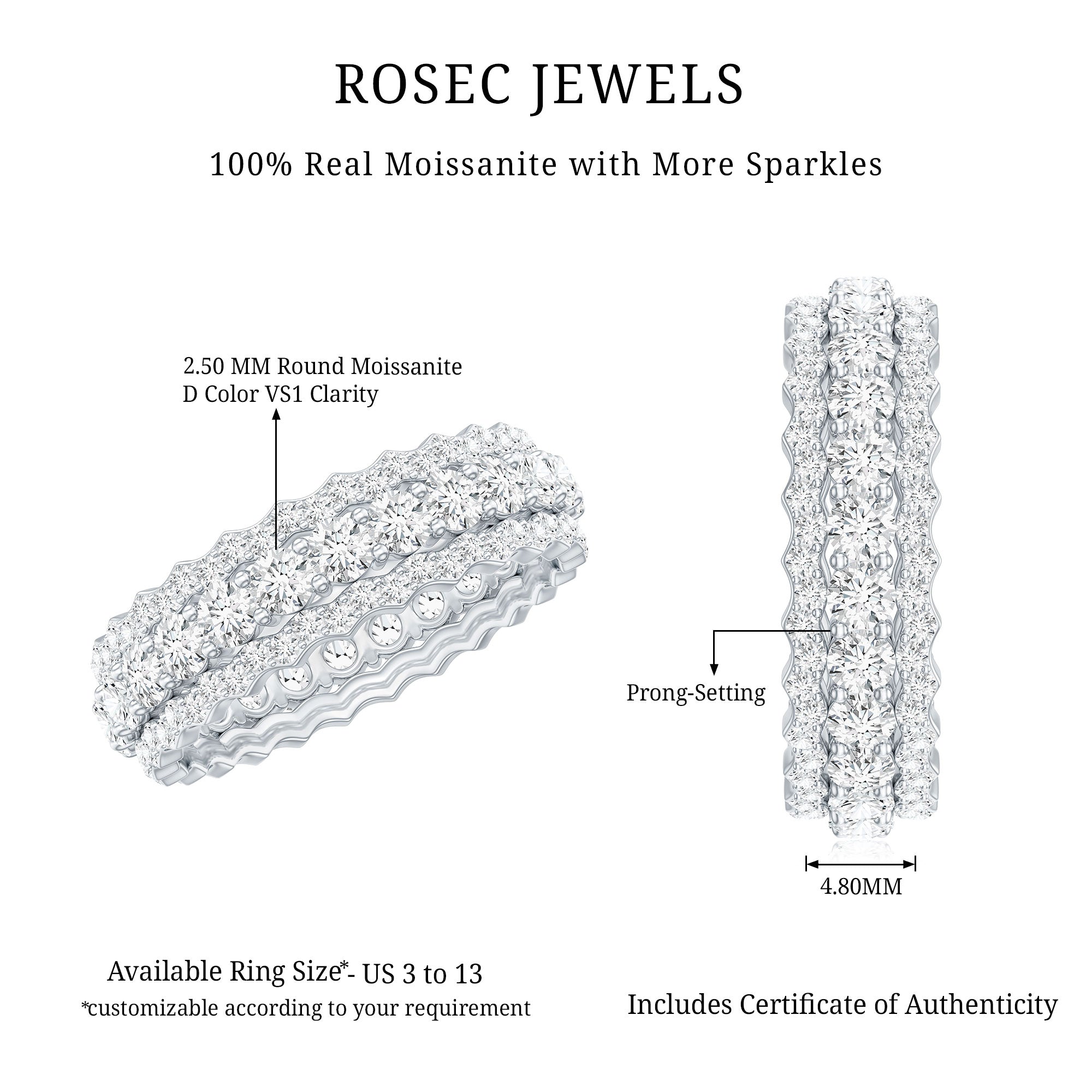 Certified Round Cut Moissanite Eternity Ring For Wedding D-VS1 - Rosec Jewels