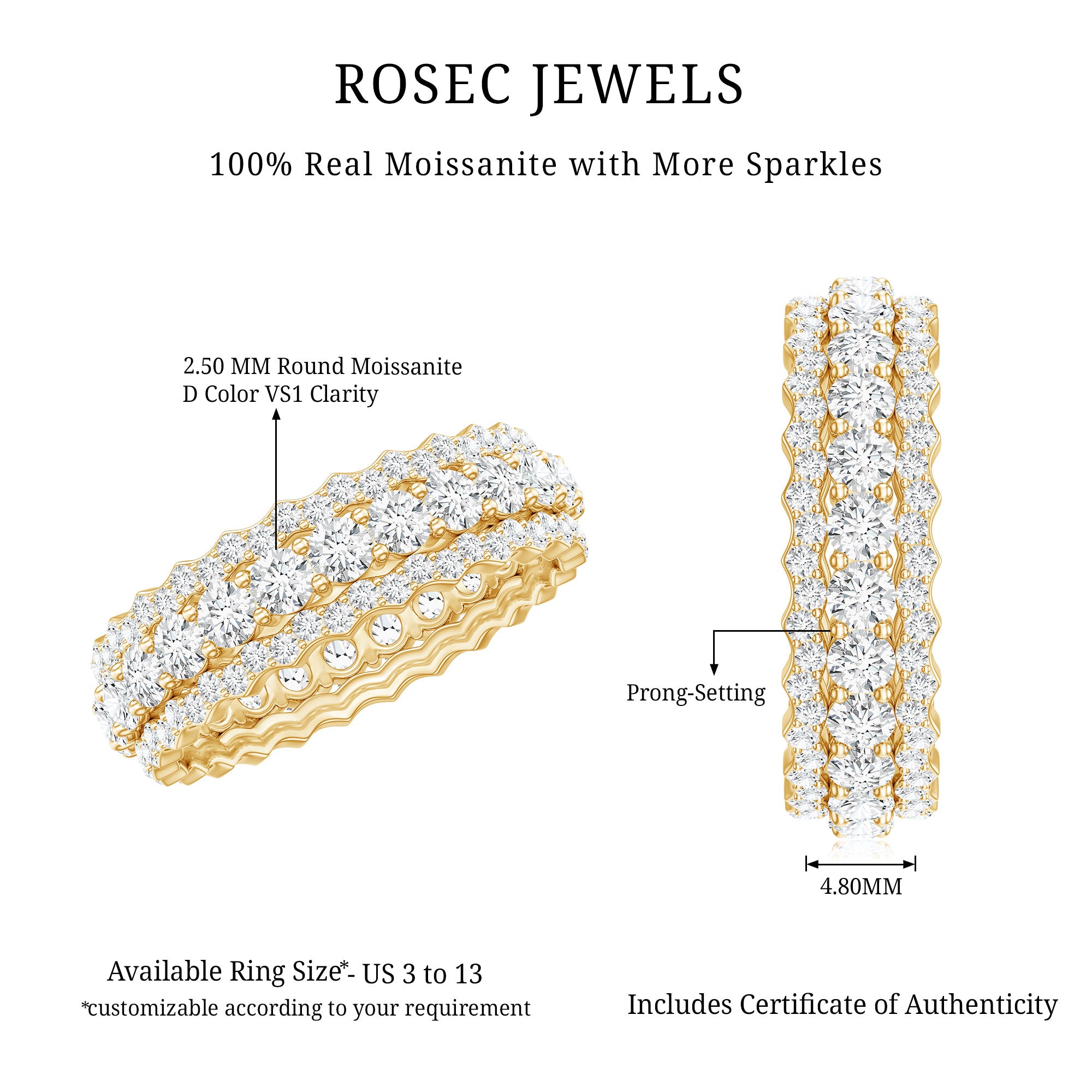 Certified Round Cut Moissanite Eternity Ring For Wedding D-VS1 - Rosec Jewels