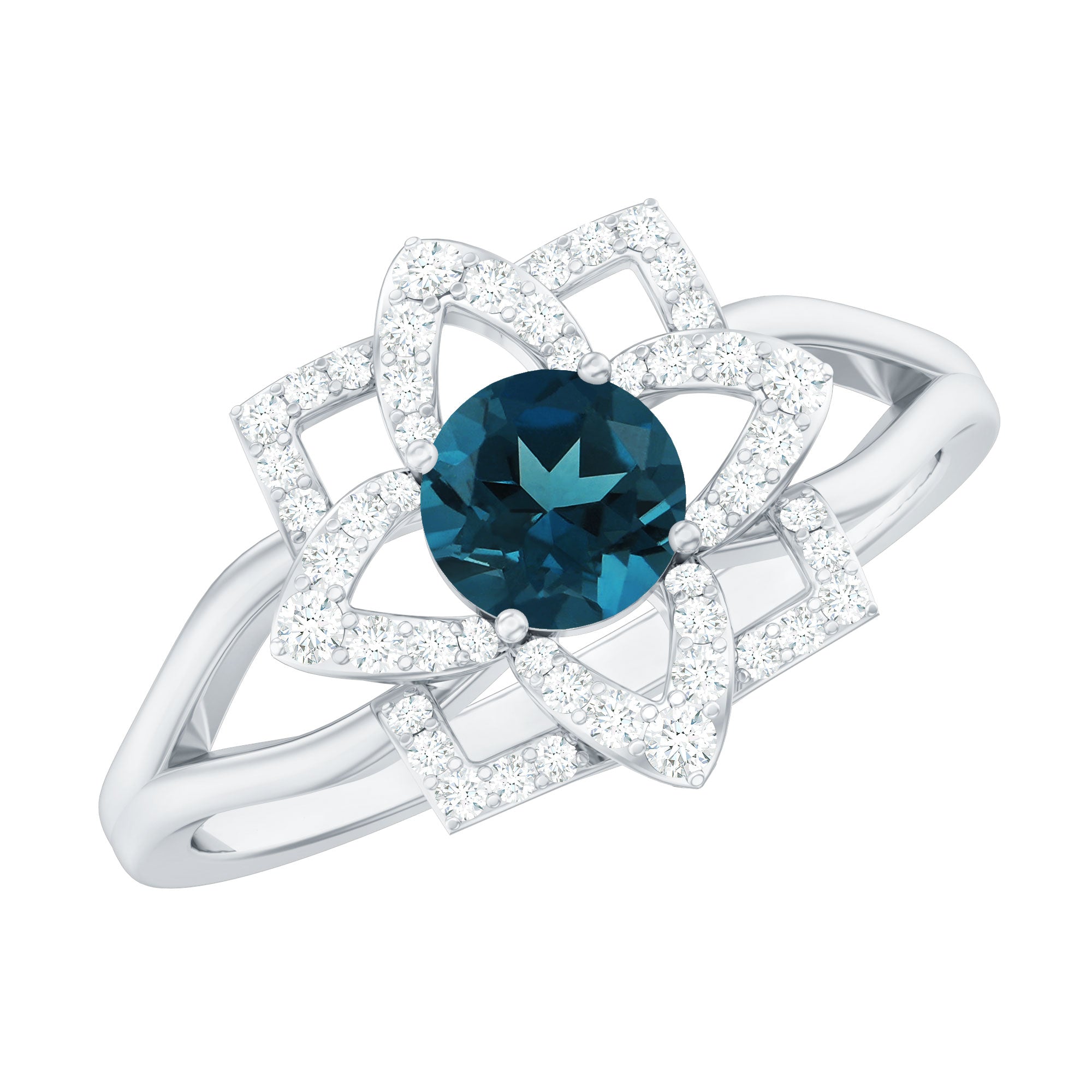 Flower Inspired London Blue Topaz and Diamond Engagement Ring AAA - Rosec Jewels