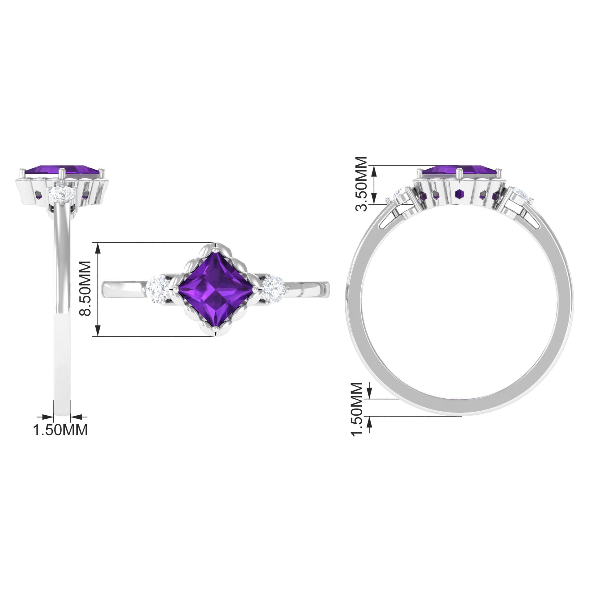 Designer 1.2 Carat Princess Cut Amethyst Engagement Ring with Diamond AAA - Rosec Jewels