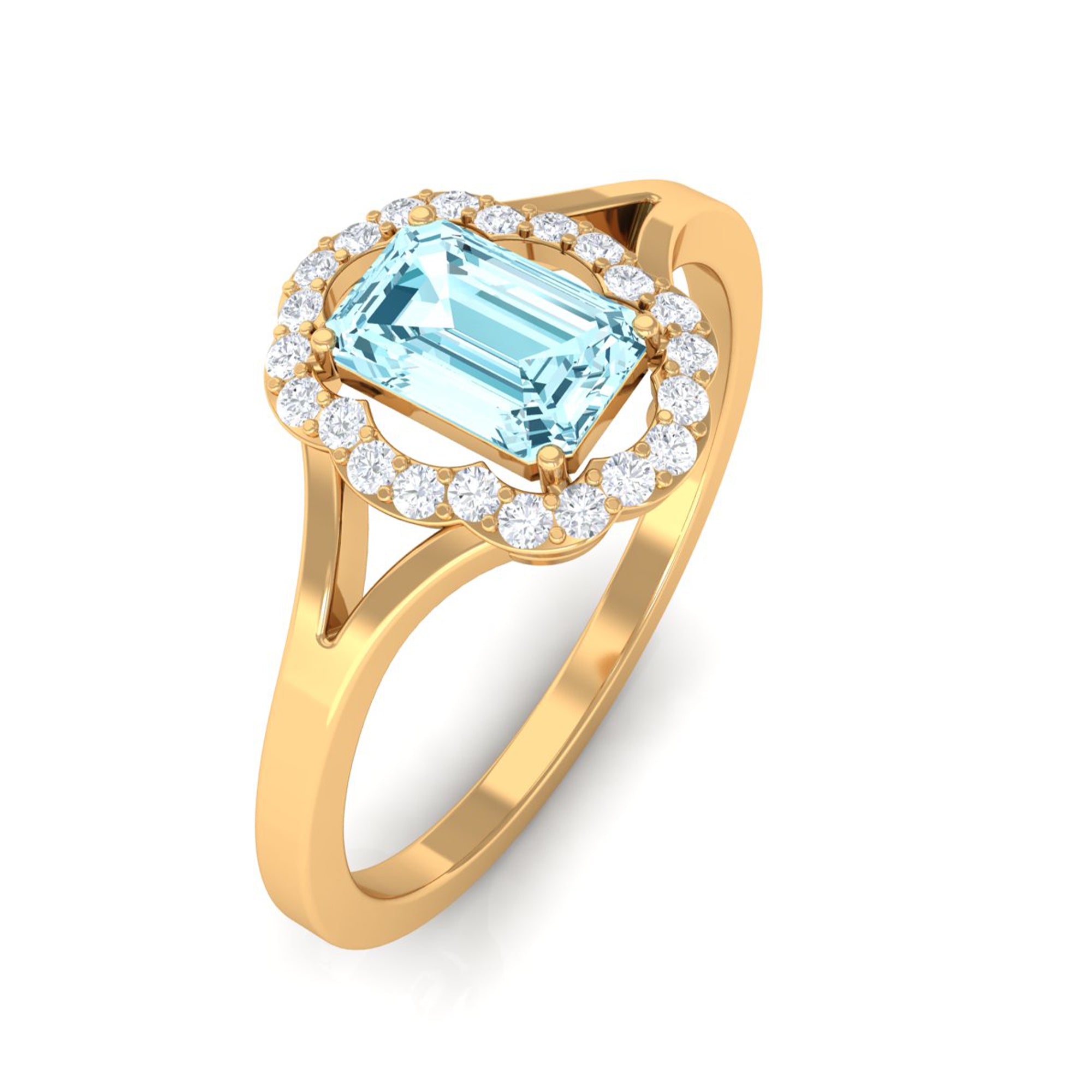 Rosec Jewels-Emerald Cut Aquamarine Engagement Ring with Diamond Floral Halo
