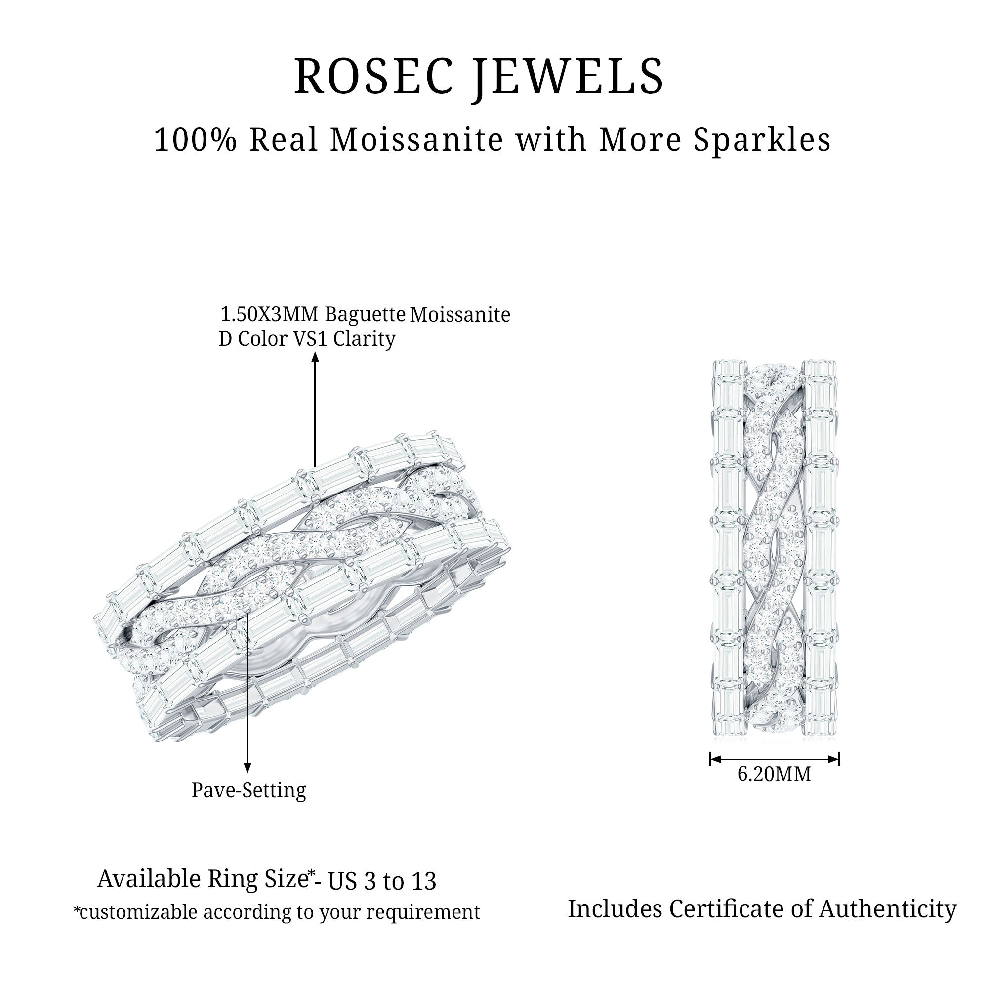 Certified Thick Moissanite Infinity Wedding Band Ring D-VS1 - Rosec Jewels