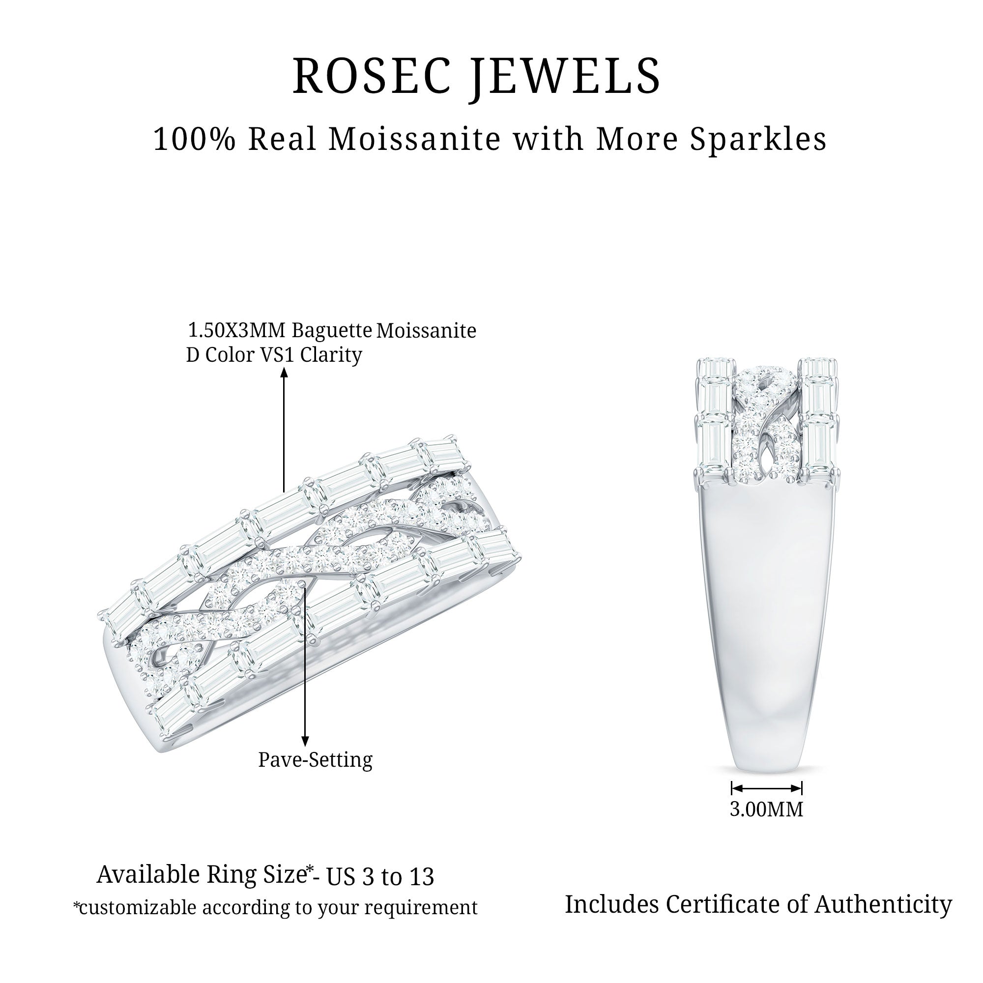 Infinity Style Moissanite Half Eternity Band Ring D-VS1 - Rosec Jewels